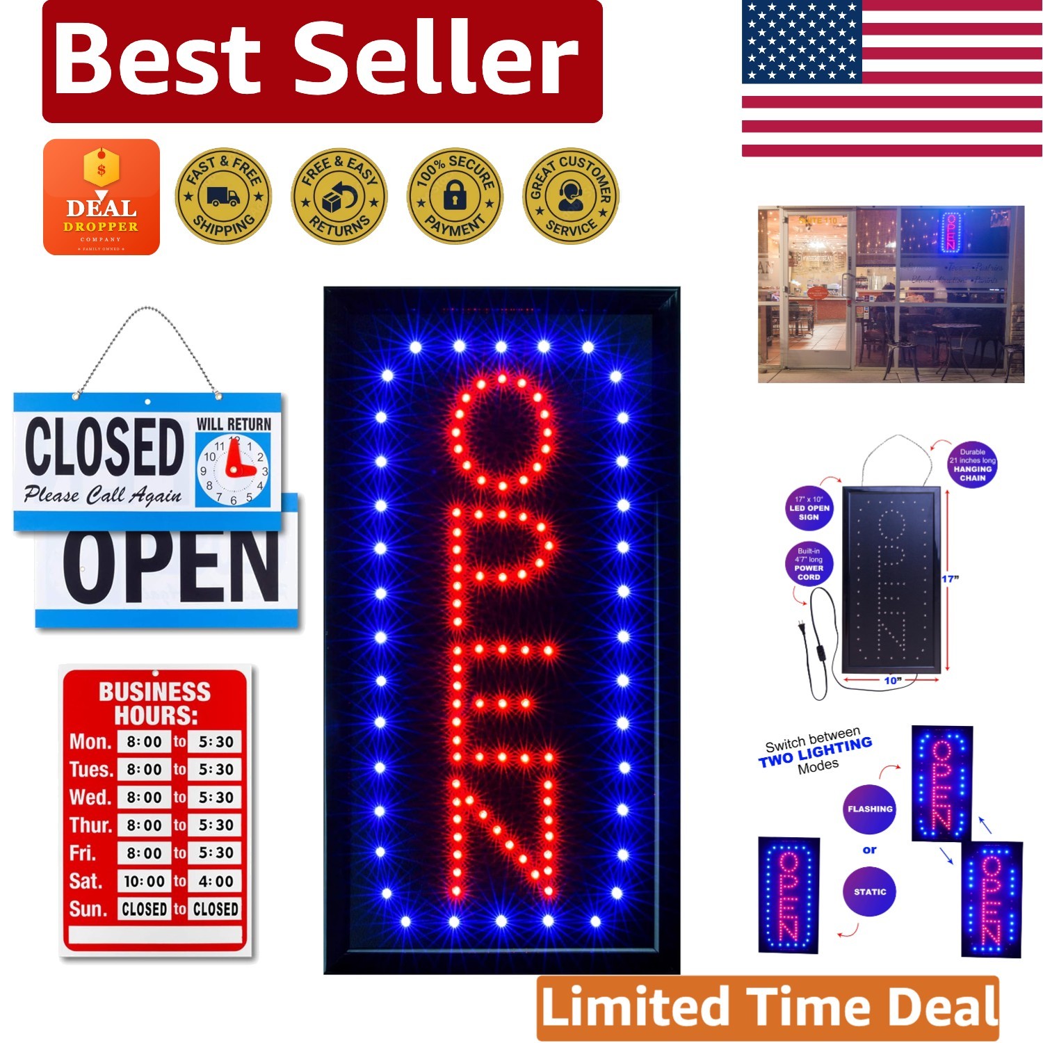 Durable Neon Open Sign for Business – 17”x10” Vertical LED with Hours Included