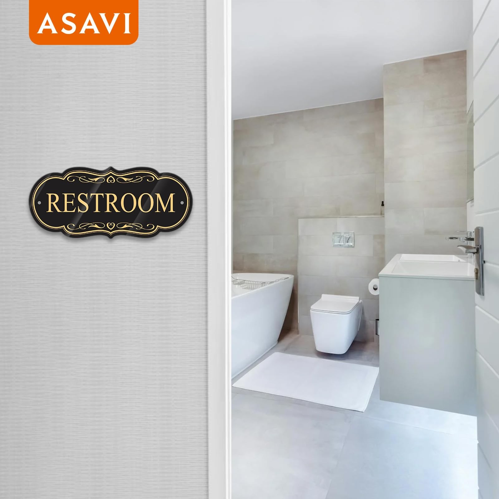 Restroom Sign 8×3.5 Inch Waterproof Acrylic SelfAdhesive Black Gold Decor