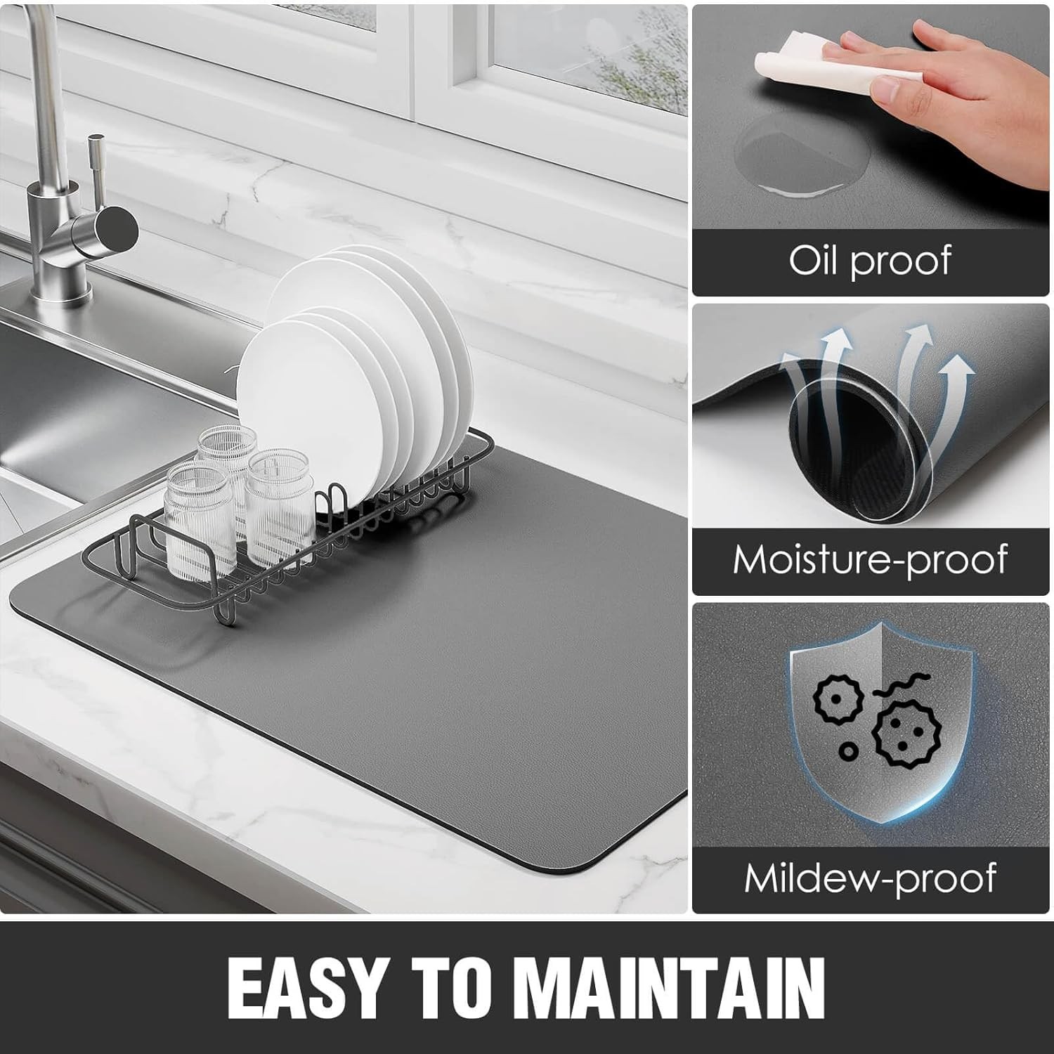 Dish Drying Mat for Kitchen Counter Super Absorbent Drainer Mats with Non-slip R