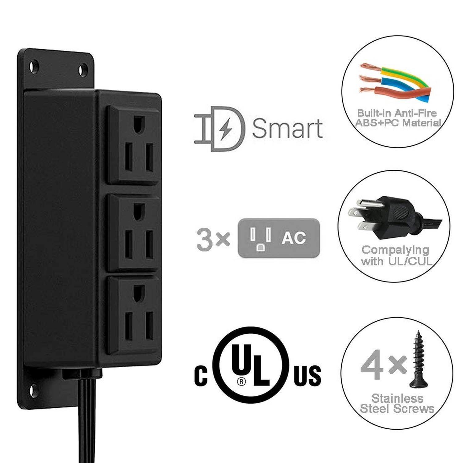 Surface Mounted Power Strip 3 AC Grounded Outlets Mountable Power Strip Socke…