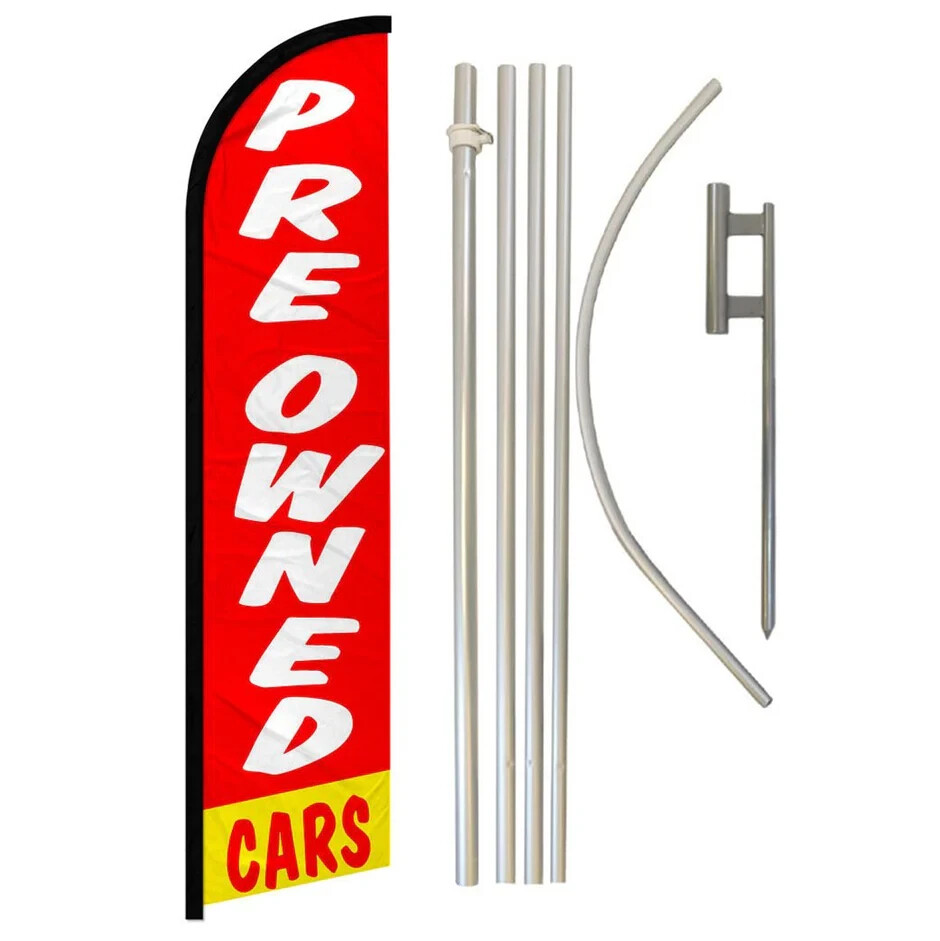 Preowned Cars Windless Full Curve Advertising Banner Flag & Pole Kit (RD/WH)
