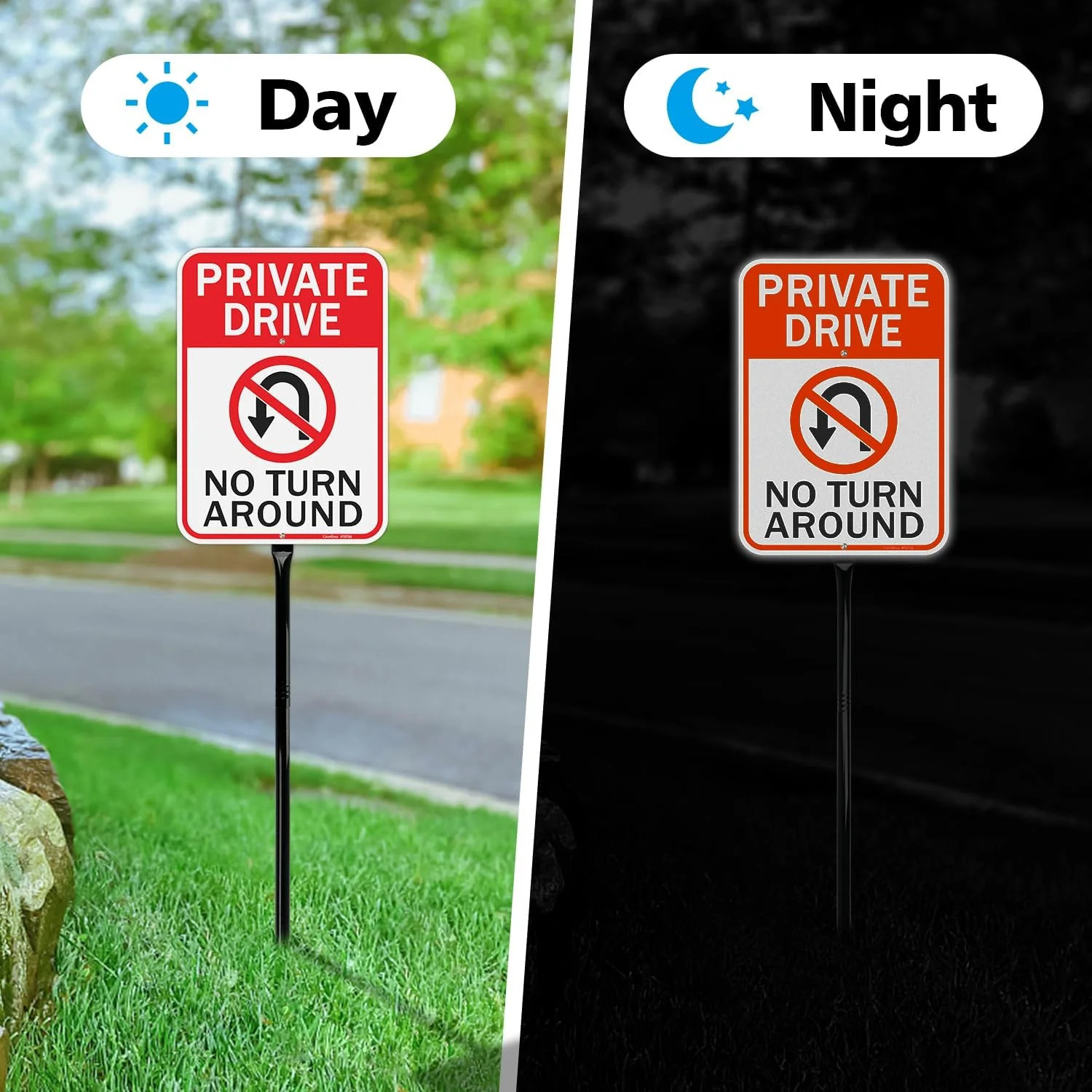 GicnKeuz Private Driveway No Turn Around Signs with 36″ Heavy Duty Metal Stakes,