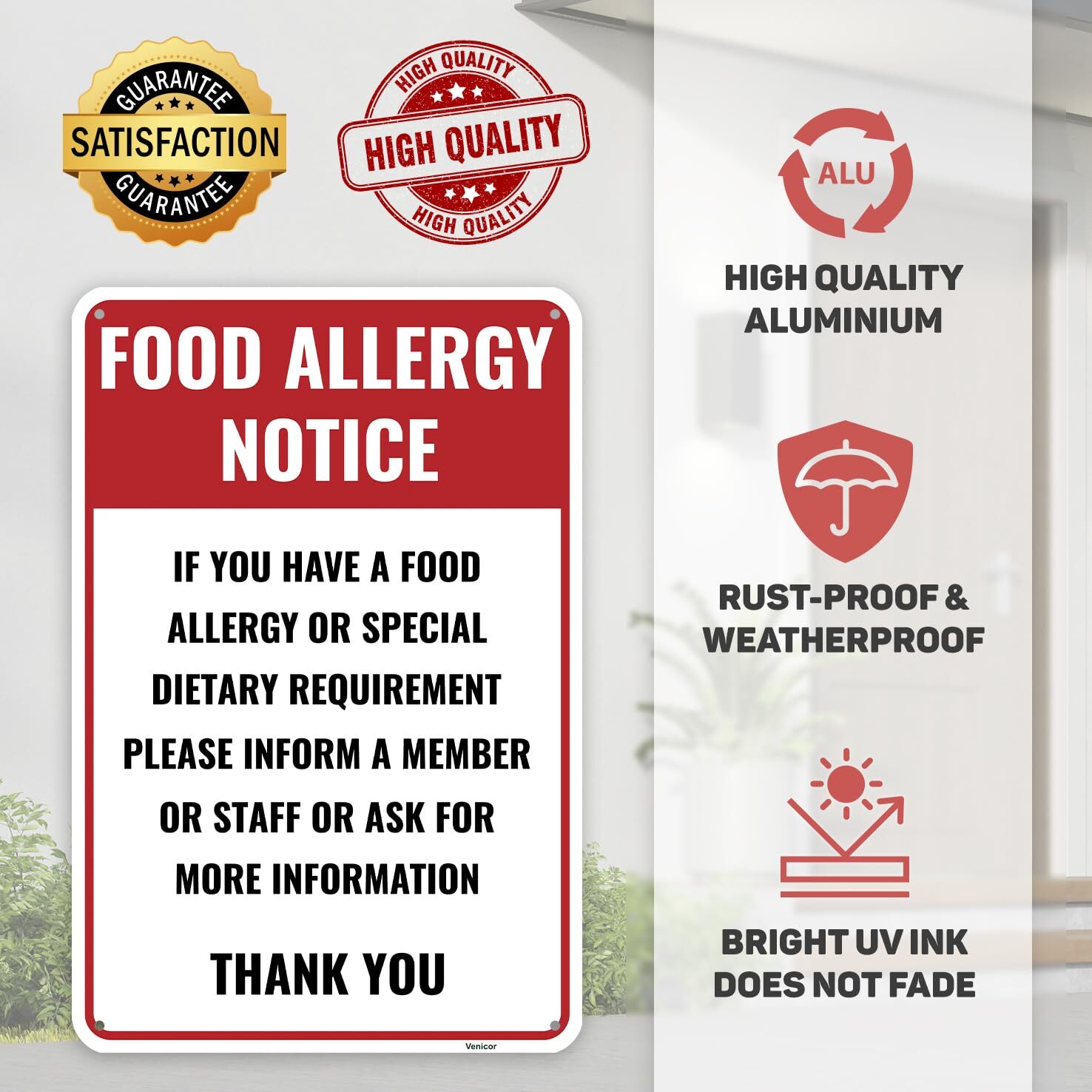 1PC Food Allergy Sign 12 x 8 Inches – Aluminum – Food Allergen Sign For Resta…
