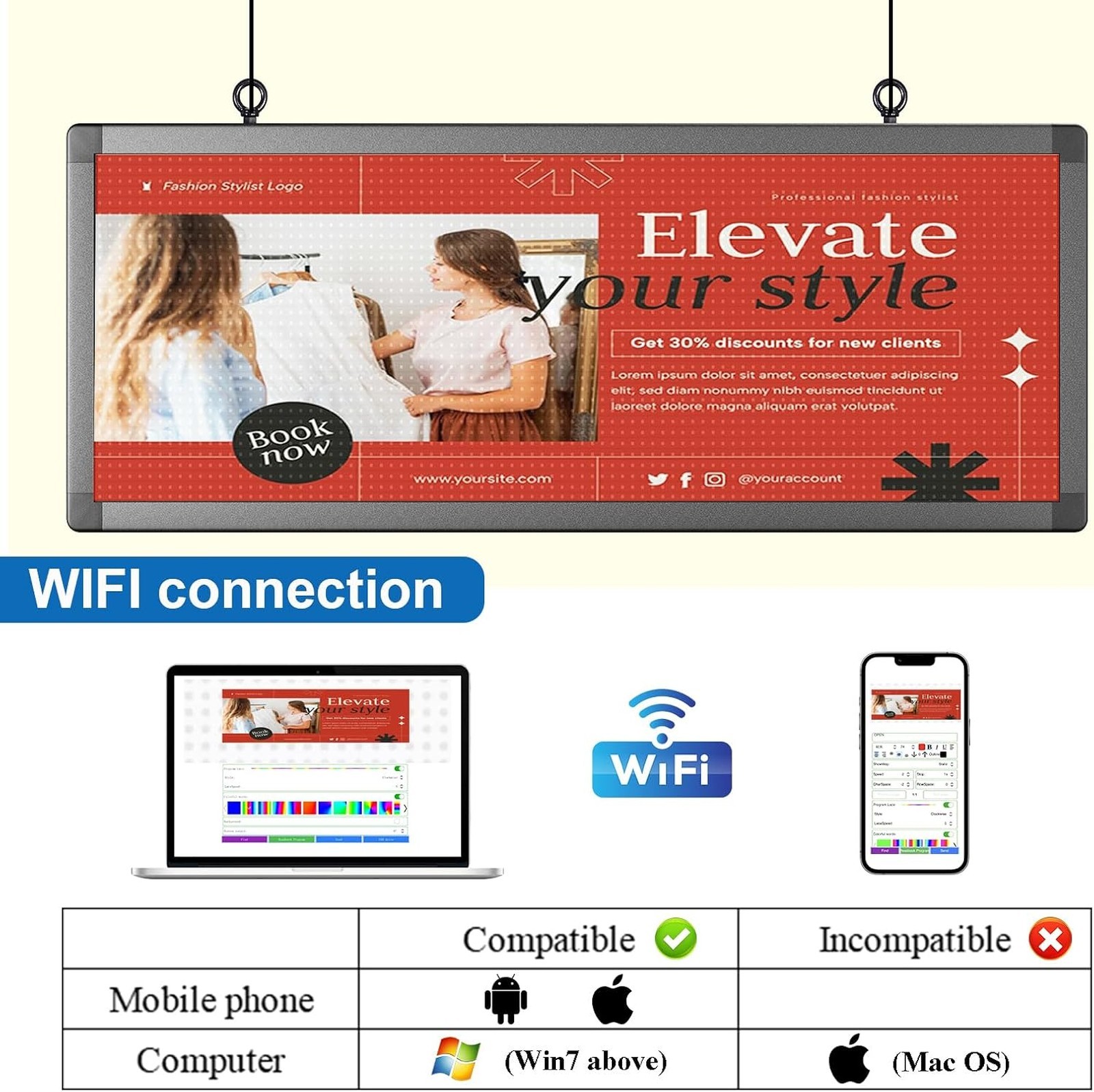 P10 Outdoor Full Color Programmable Double Sides LED Signs 39×14 Inches WIFI