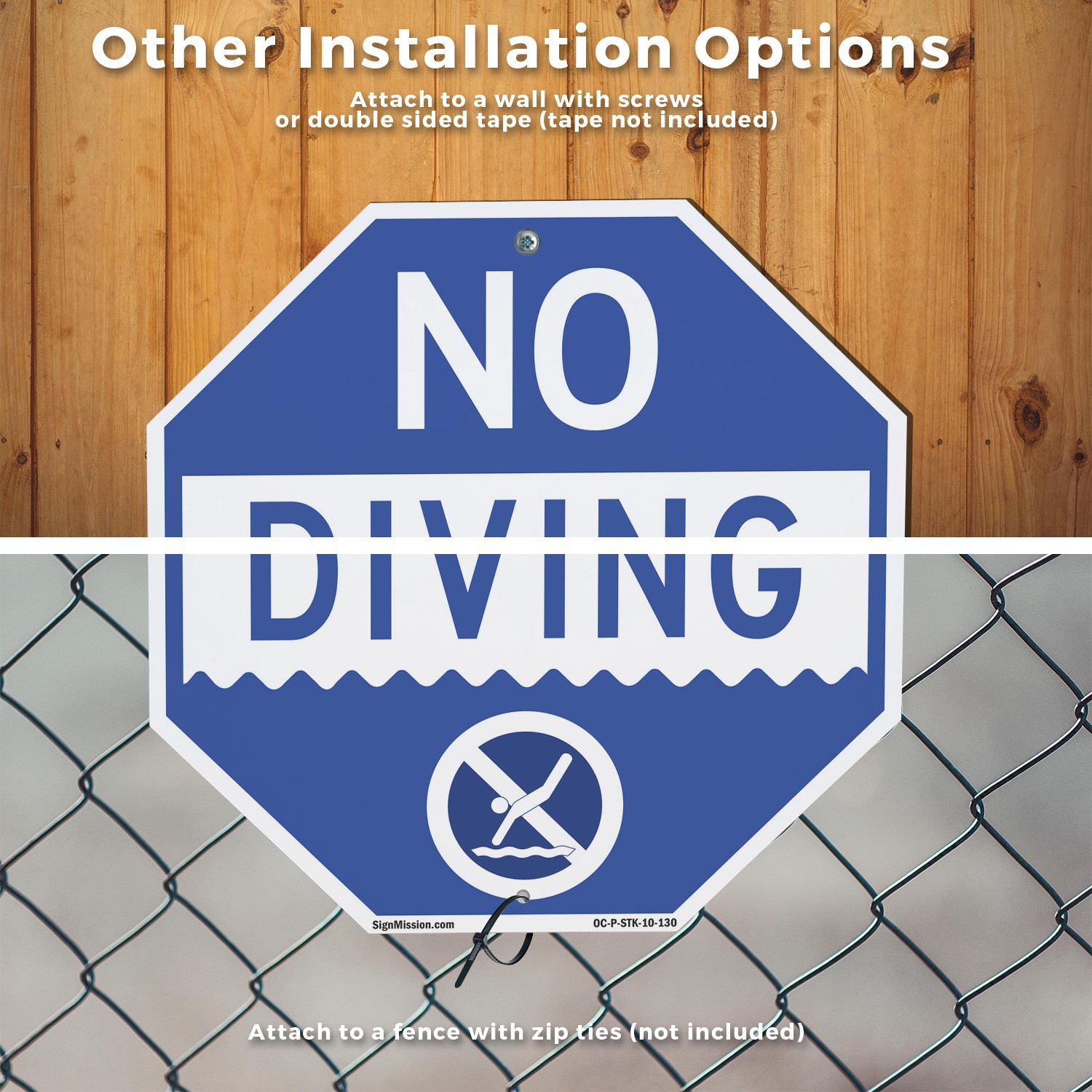 No Diving Octagon Sign With Stake Weather Resistant UV Protected Made in the USA