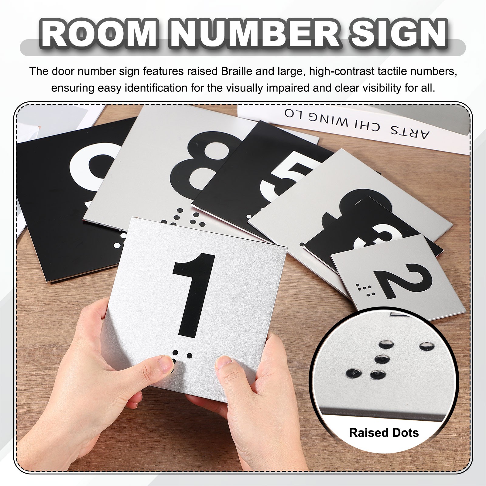 Exam Room Number Sign, 8″ x 8″ Number 9 Sign with Braille, White on Black