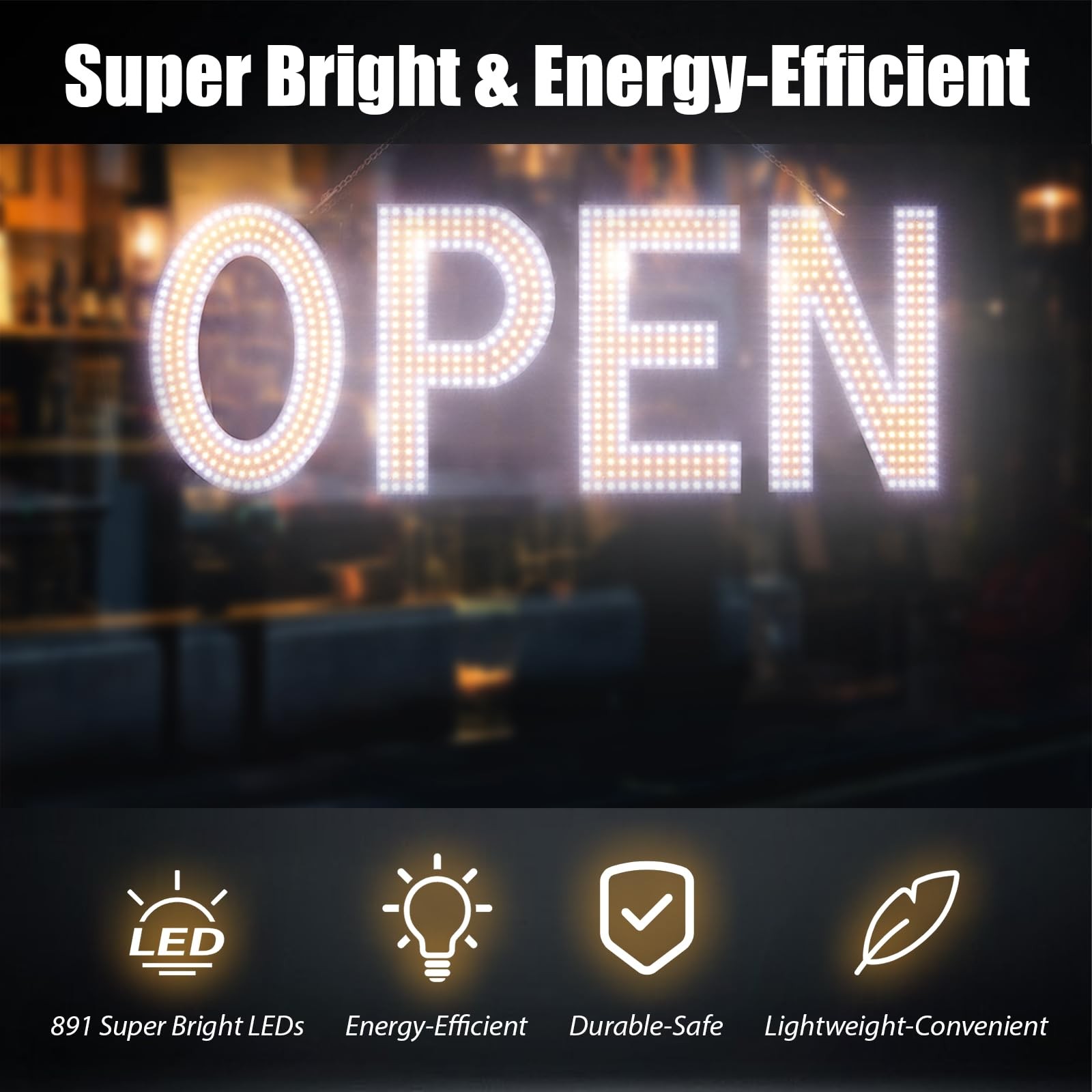 Dimmable LED Open Sign 40″x14″ with Hanging for Cafe, Store, Bar, Salon, Hotel