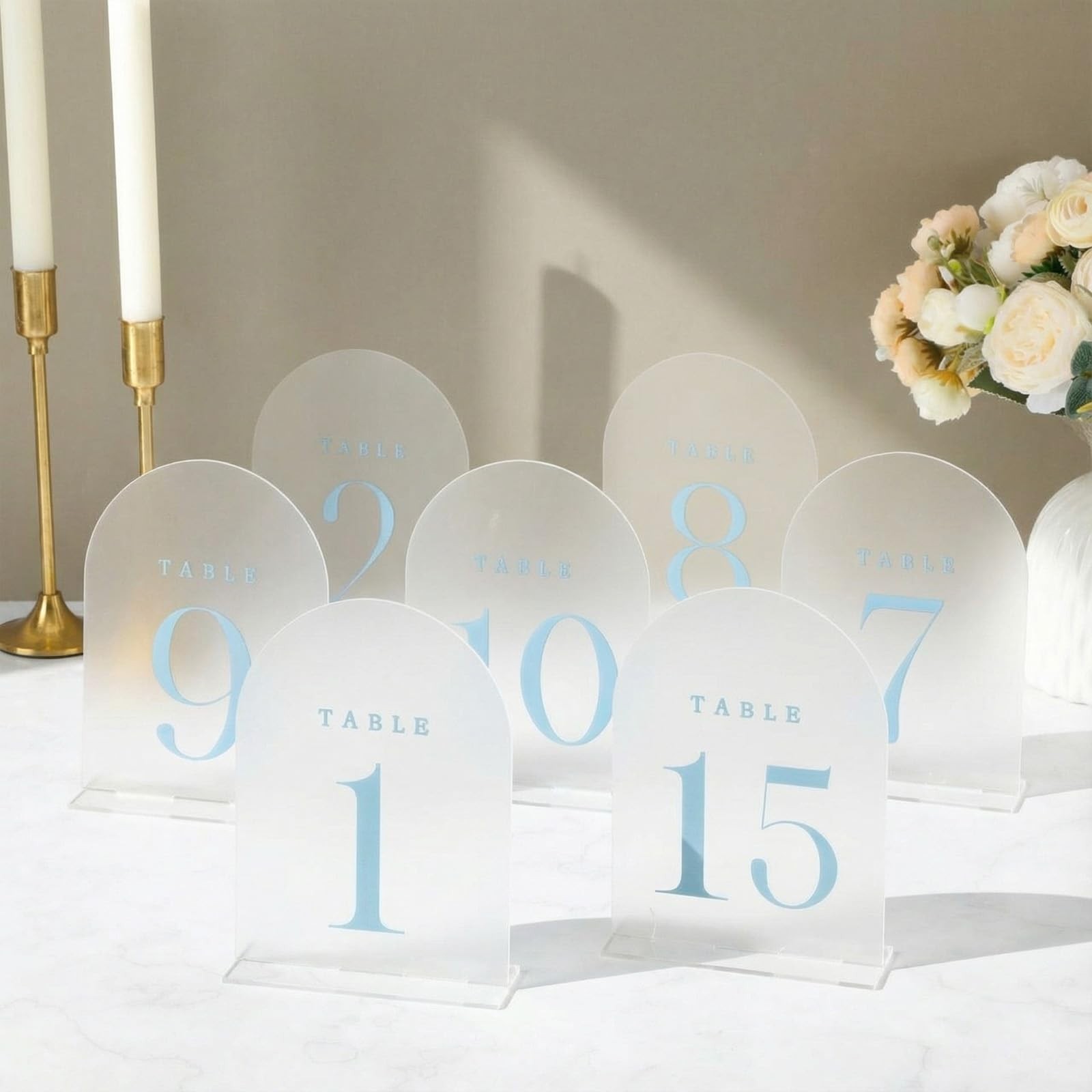 15 PCS 5×7 Inch Dusty Blue Frosted Arch Wedding Table Numbers 115 Stands