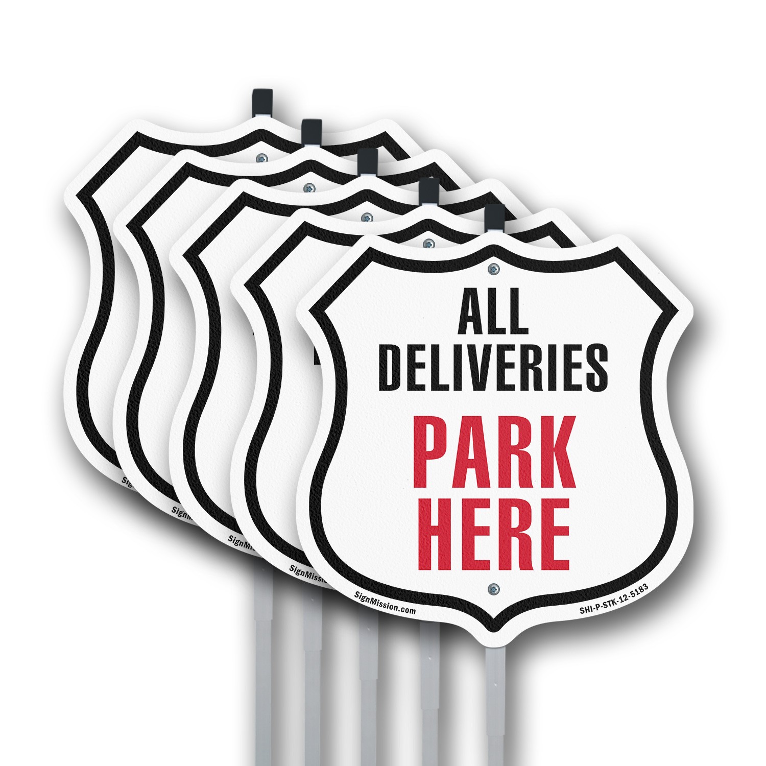 All Deliveries Park Here Shield Shaped Sign With Stake Crafted in the USA