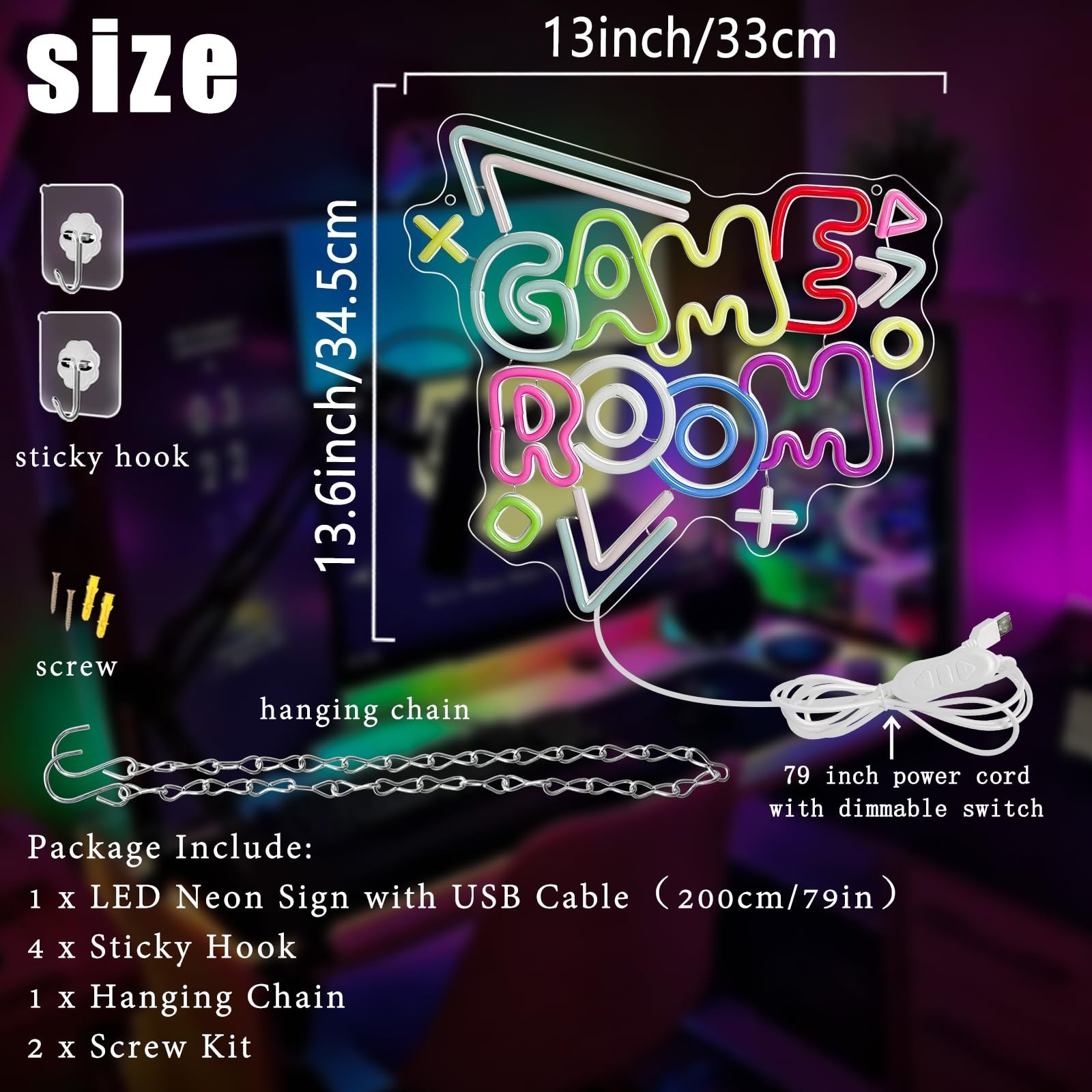 Game Room Neon Sign 13” x 13.6” Big Dimmable Gamer Led Neon Sign USB Powere…