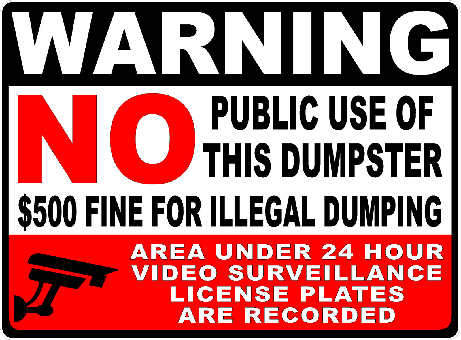 Warning No Public Use of Dumpster $500 Fine Being Recorded Sign. Size Options