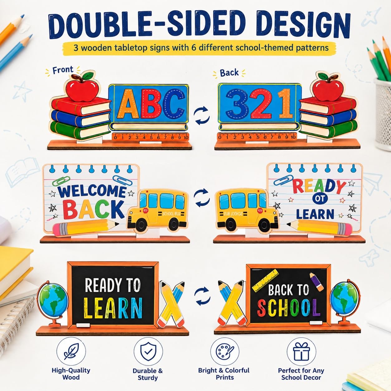 3Pcs Back to School Decorations, Wooden Double Sided Table Sign Set, First Da…