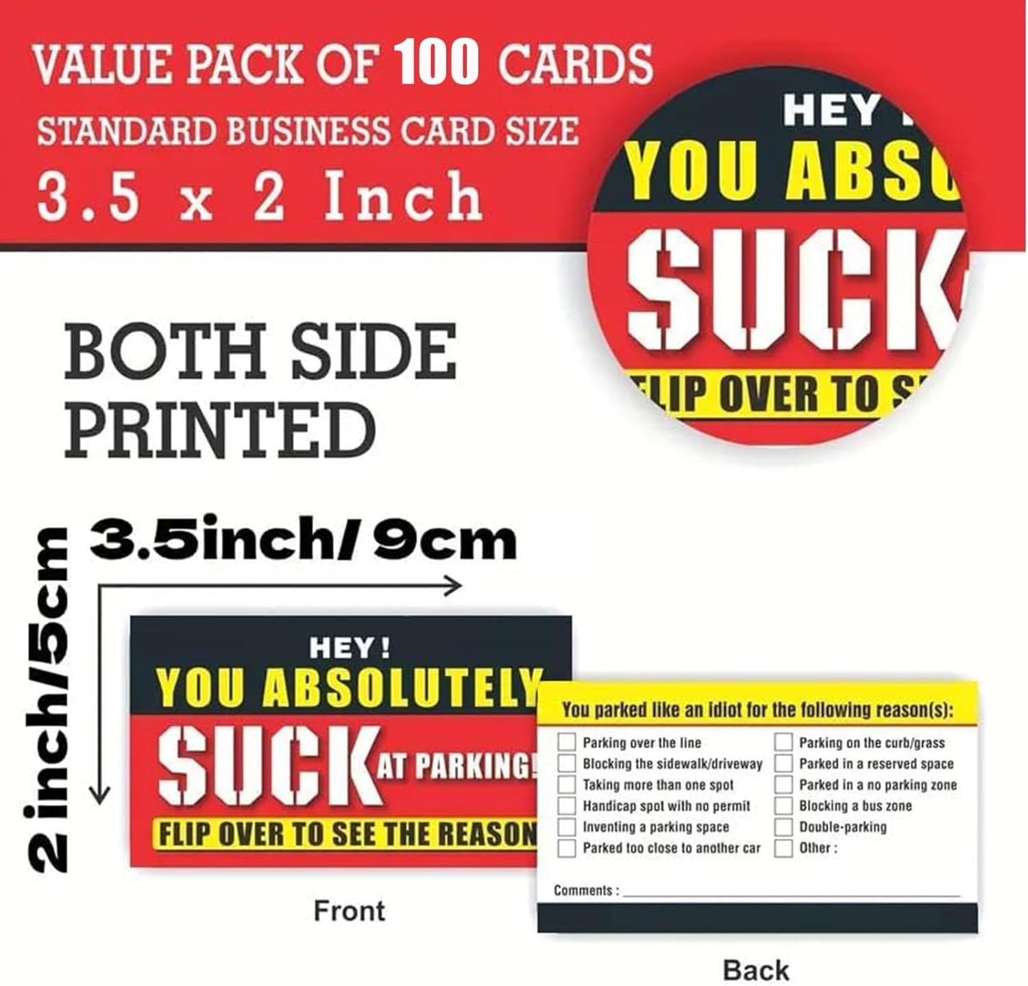 Bad Parking Cards – 100Pcs You Absolutely Suck At 3.5” X 2”, Red