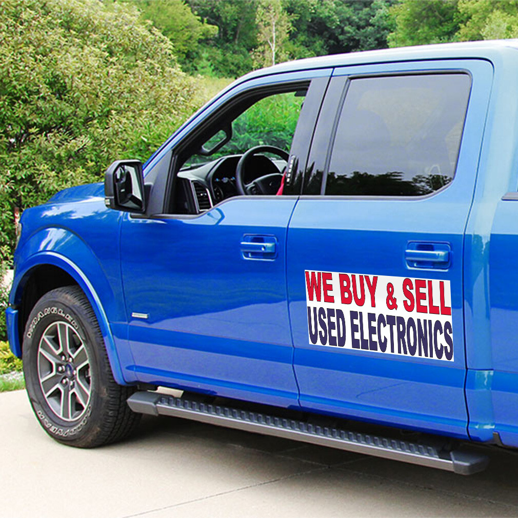 Car Magnet Set of 2 We Buy & Sell Used Electronics Red Blue Industrial Sign