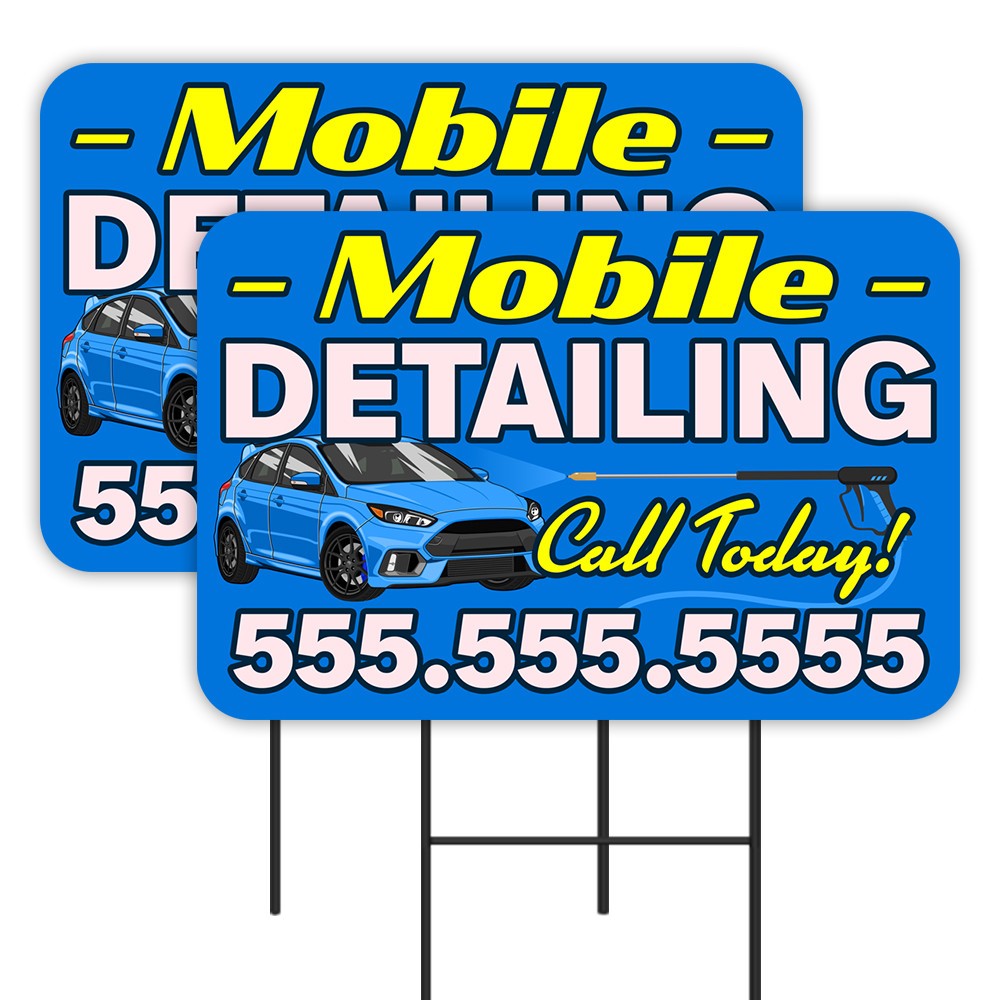Mobile Auto Detailing – Customizable Phone Number 2 Pack Double-Sided Yard Signs