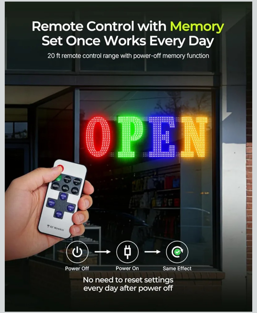 Multi-Color OPEN Sign, 40″ x 14″, Adjustable Brightness & Flash Speed, Remote