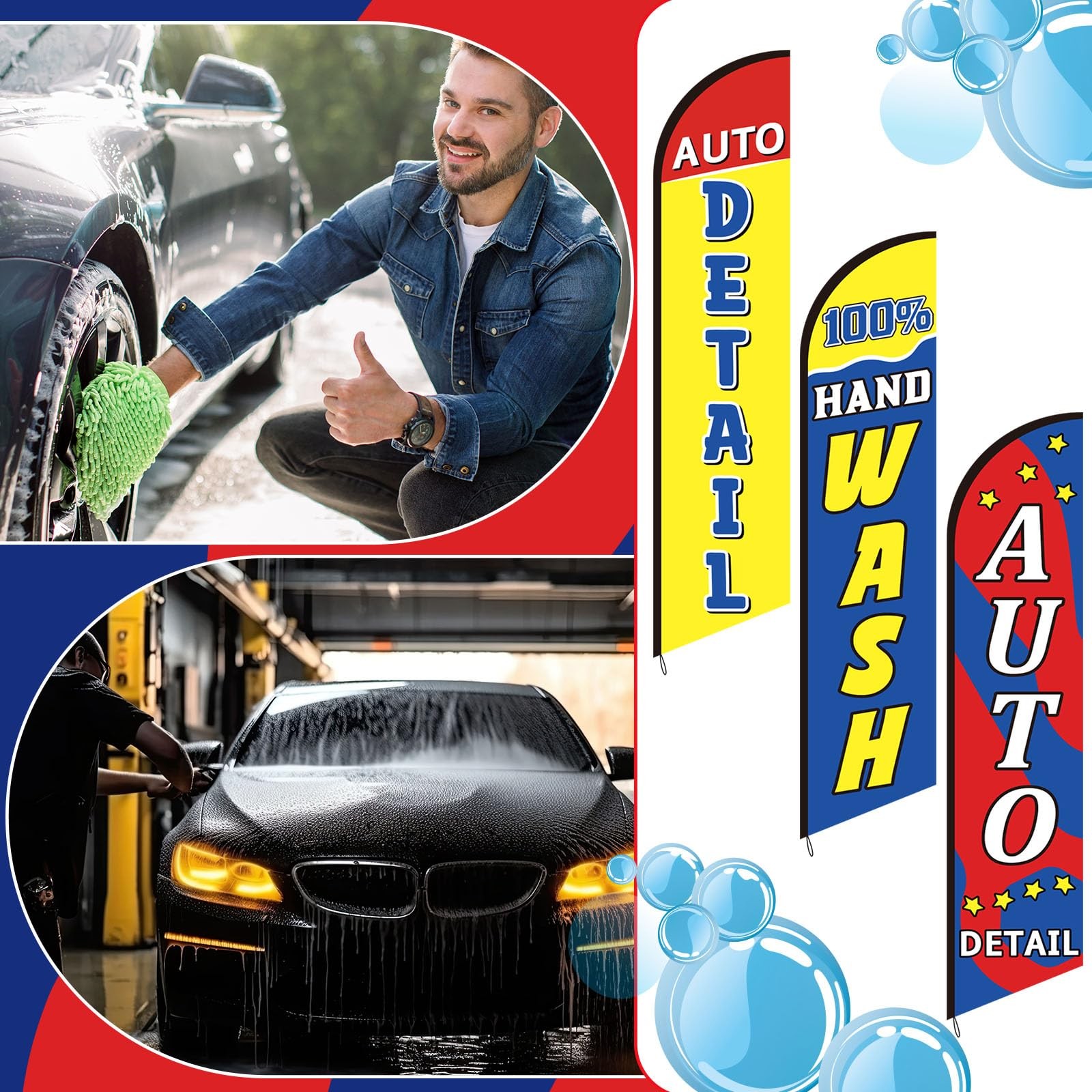 3 Pack Car Wash Sign Feather Flag 12 x 2.5 ft Auto Detail Hand Wash Windless …