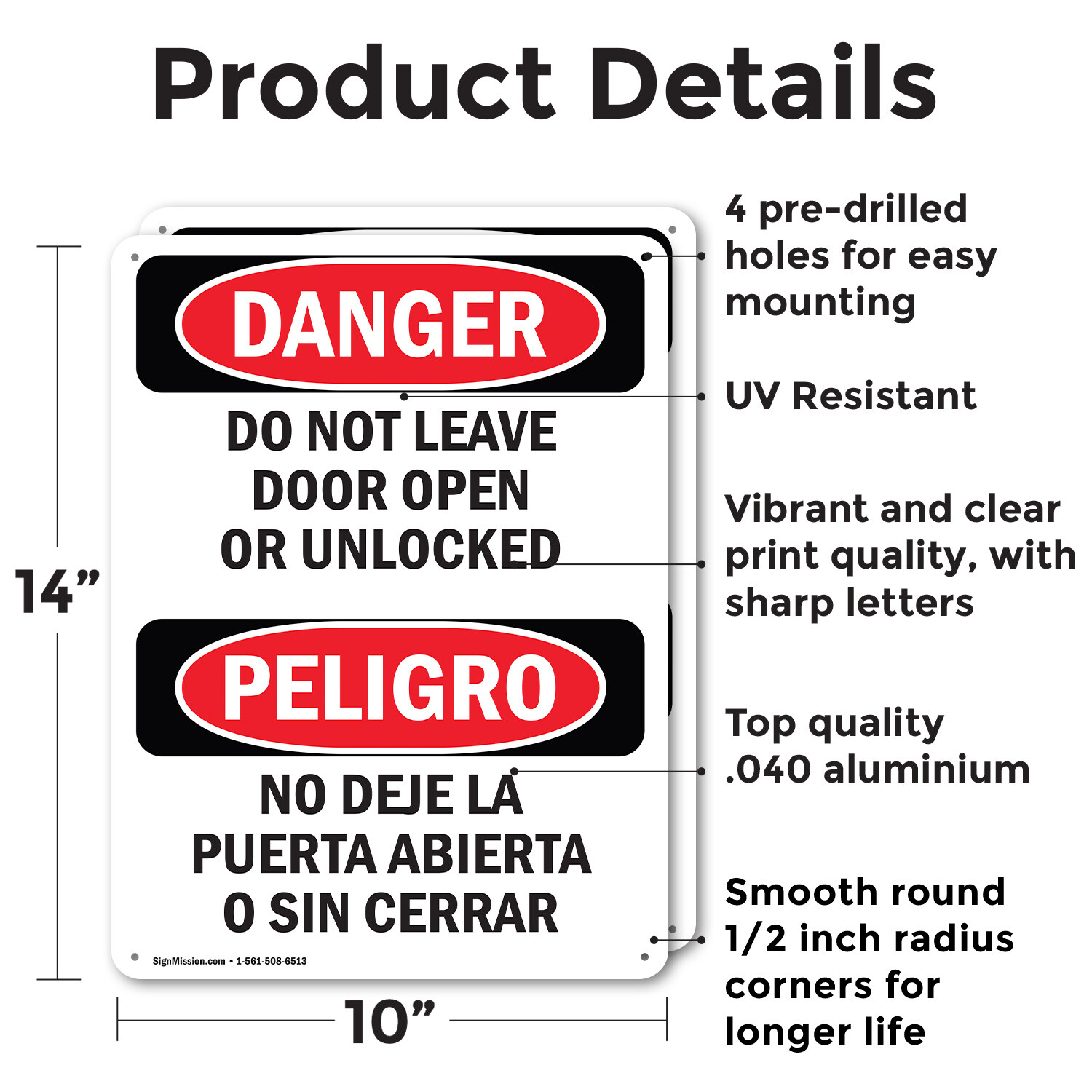 (2 Pack) Do Not Leave Door Open Or Unlocked Bilingual OSHA Danger Sign Decal