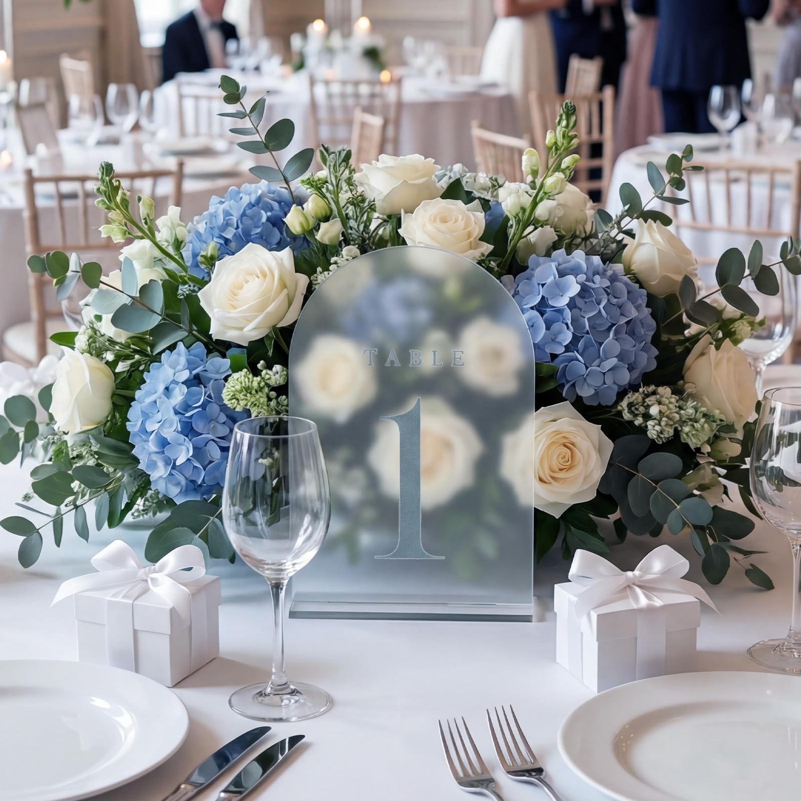 15 PCS 5×7 Inch Dusty Blue Frosted Arch Wedding Table Numbers 115 Stands