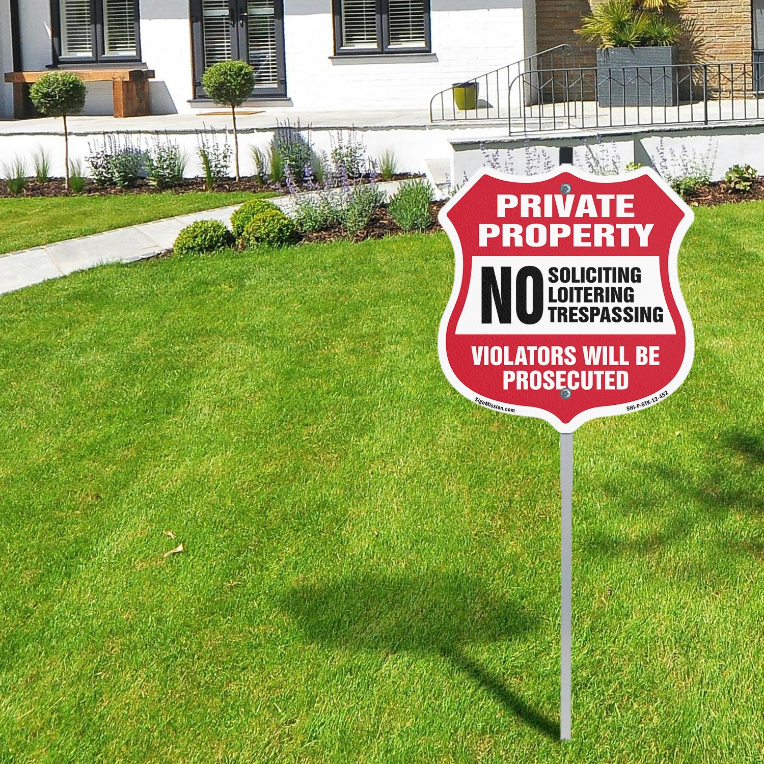 Private Property Shield Sign No Soliciting Loitering Tre Shield Sign With Stake