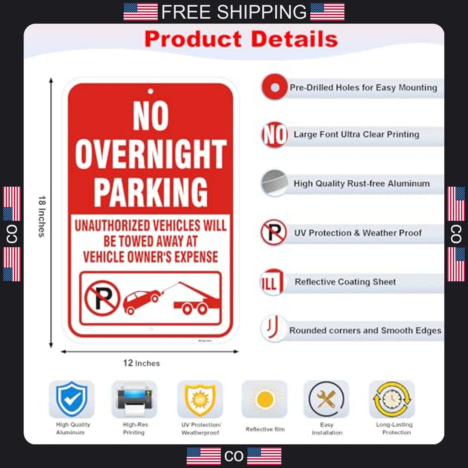 2 Pack No Overnight Parking Signs 18×12 Inch Rust-Free Aluminum