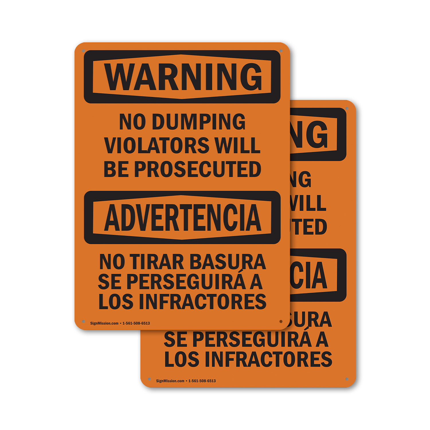 (2 Pack) No Dumping Violators Prosecuted Bilingual OSHA Warning Sign Decal Metal