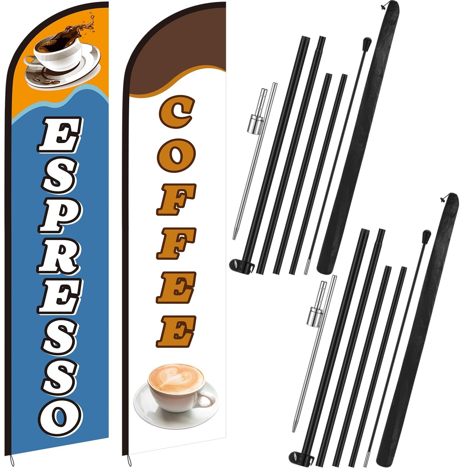 2 Set Coffee Feather Flags 15 Ft Swooper Kit – Windless Espresso Sign for Shops