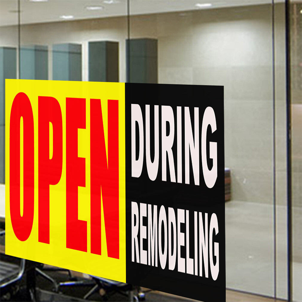 Decal Stickers Open During Remodeling Yellow Business Vinyl Store Sign Label
