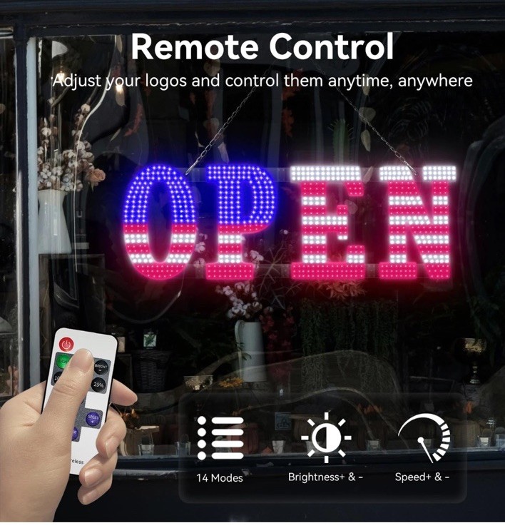40” X 14” LED Open Signs for Buisness, Remote Control USA Flag Setting