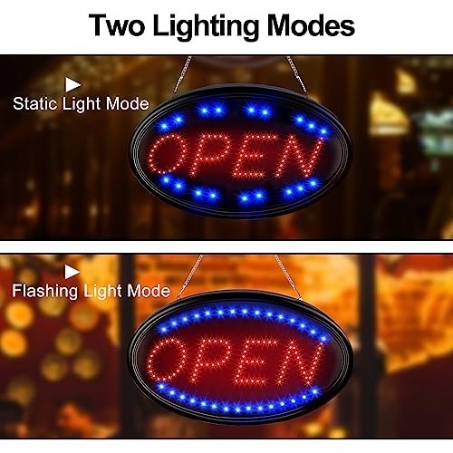 LED Open Sign 23×14 Inch Remote Timer Flash Steady Modes Plug In Window Wall