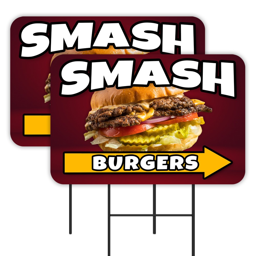 Smash Burgers 2 Pack Double-Sided Yard Signs 16″ x 24″ with Metal Stakes (Made i