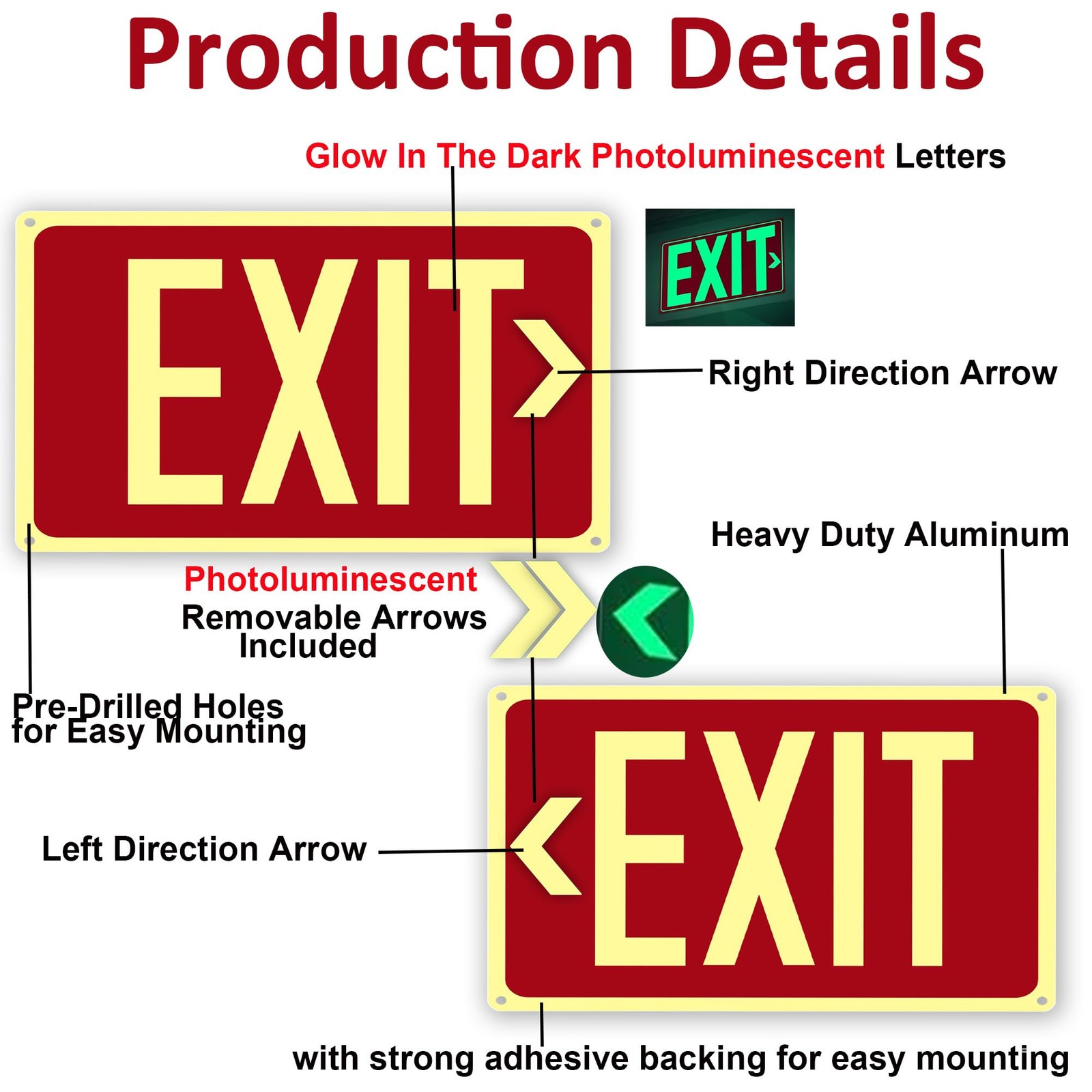 4Pack Photoluminescent Exit Sign Red, 14″x 10″ Aluminum Glow In The Dark Exit…