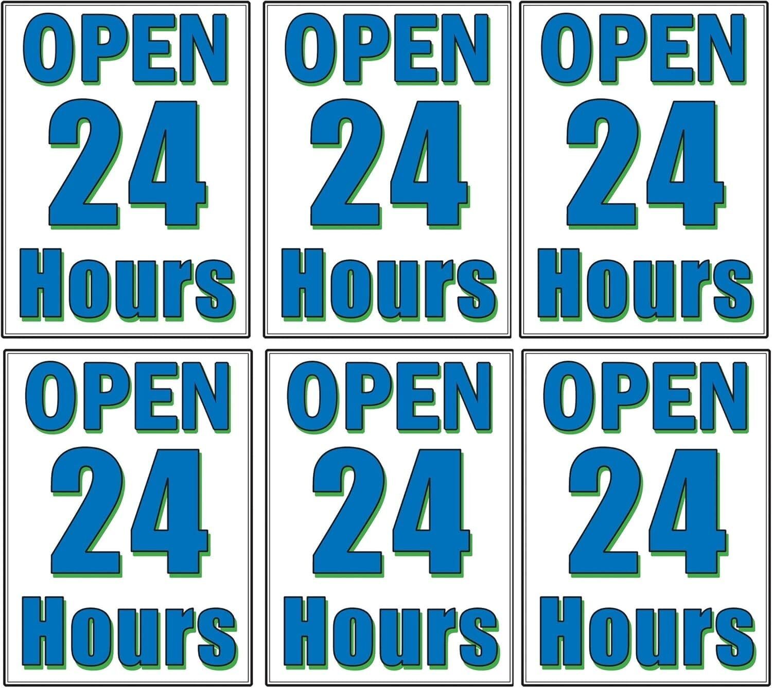 Open 24 Hours Retail Window Display Paper Signs | Pack of 6 | 18″w x 24″h
