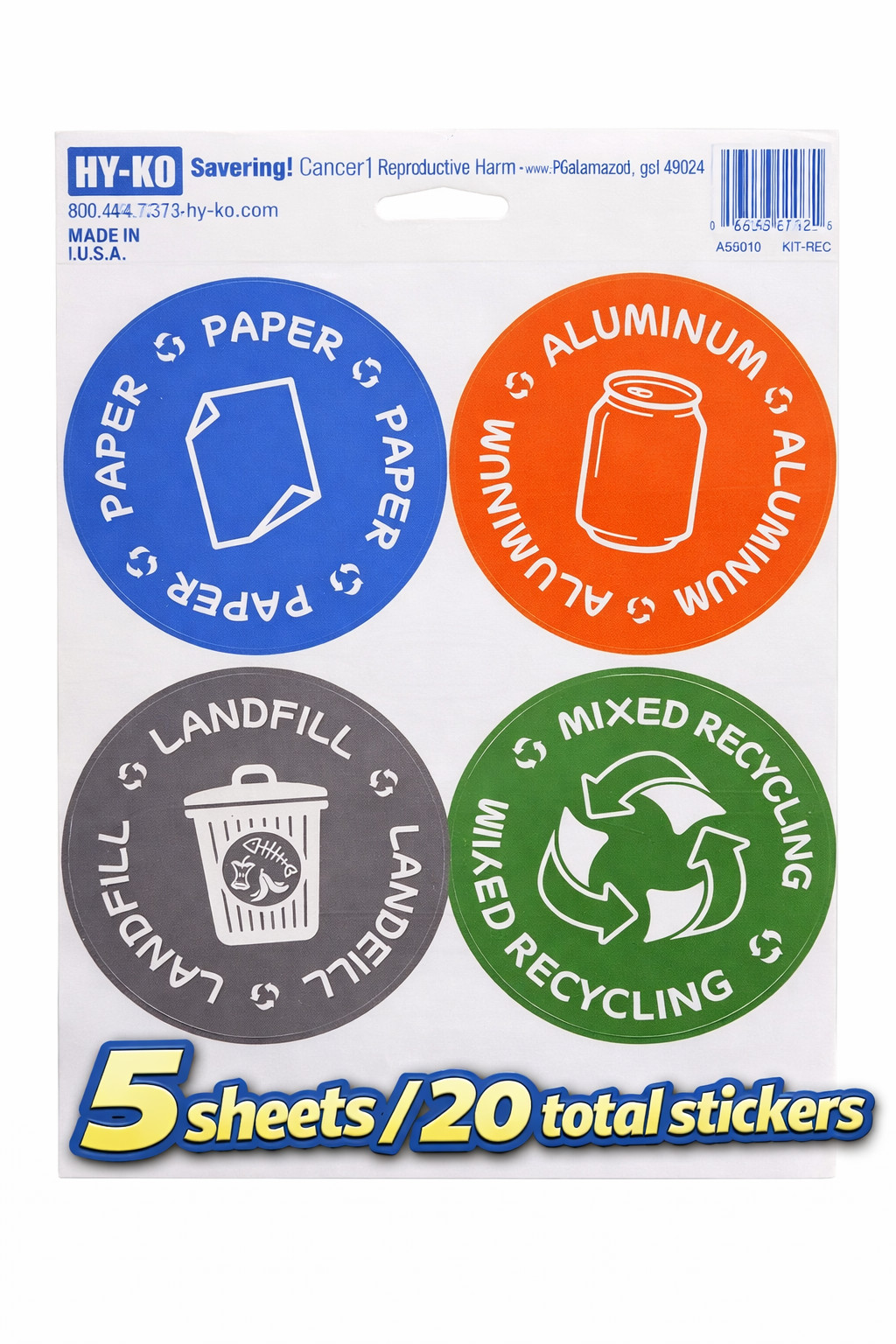 5 HY-Ko Brand Recycle Label Kit 4 Pack Self Adhesive Vinyl Labels Multi Color