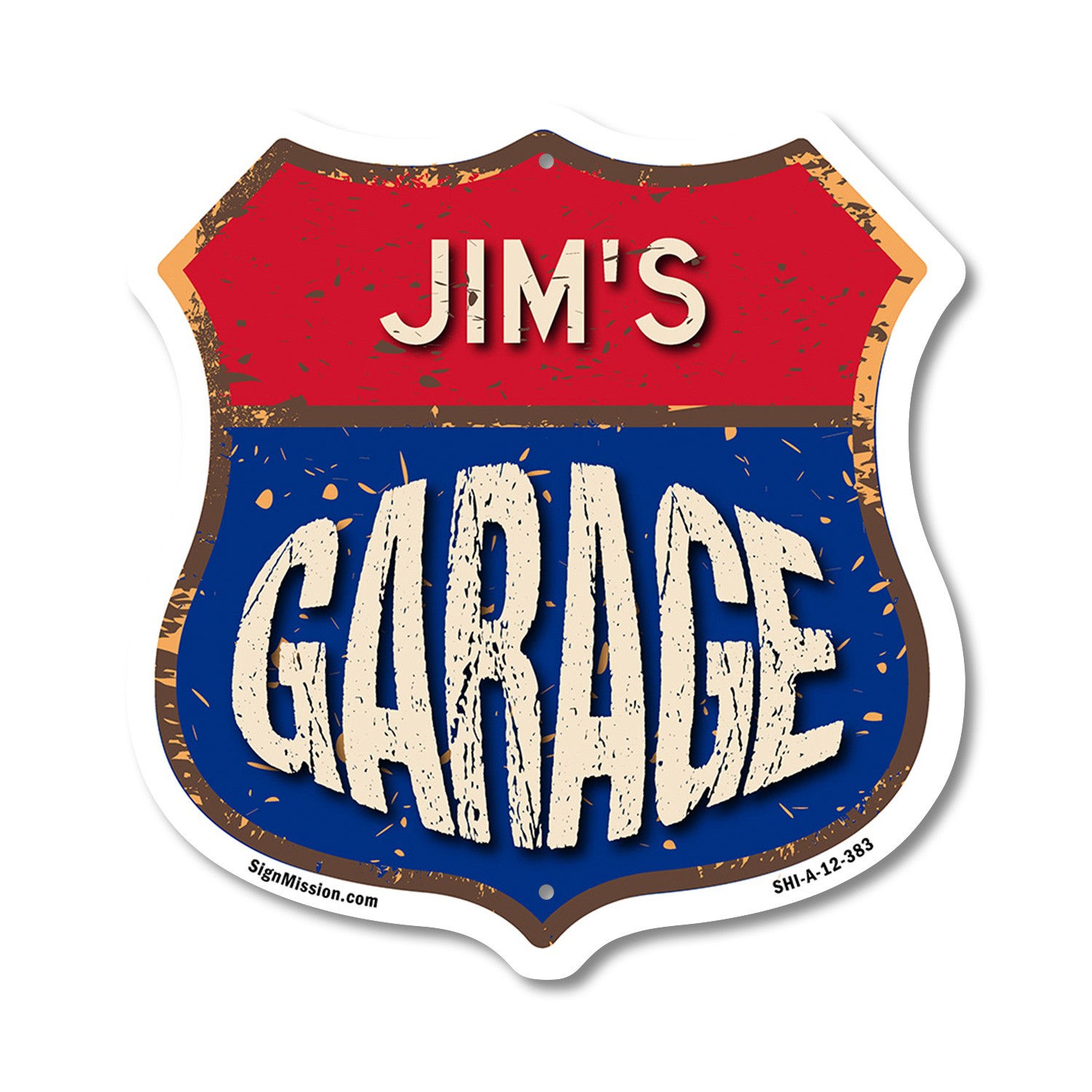 Jim’s Garage Shield Shaped Sign Weather Resistant Crafted in the USA