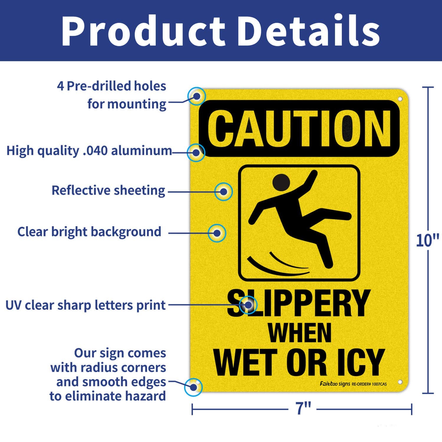 Reflective Aluminum Caution Slippery When Wet or Icy Sign 10×7 In 4 PCS