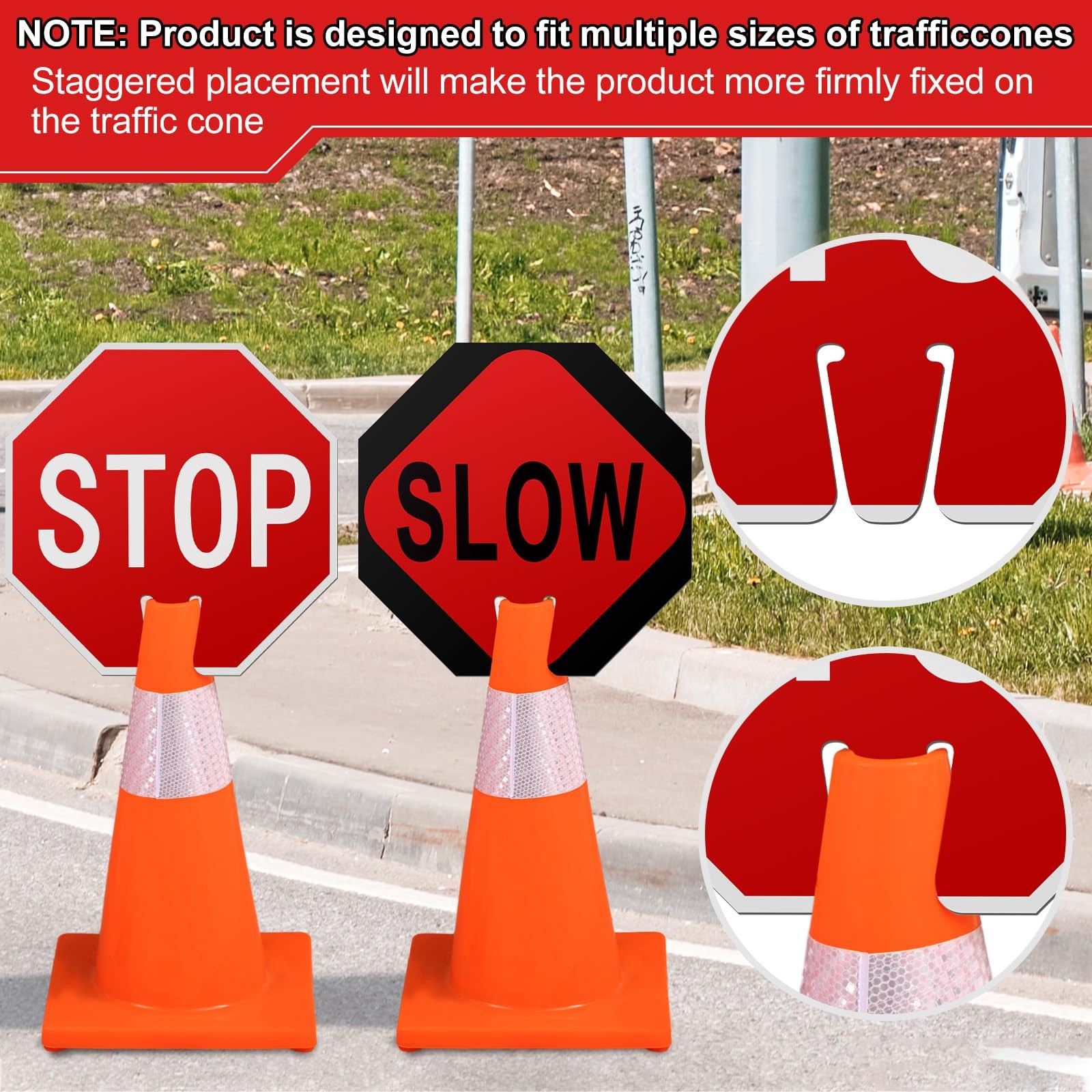 6 Pcs 12 x 12 Inches Traffic Cone Top Warning Signs Include PVC Stop and Slow