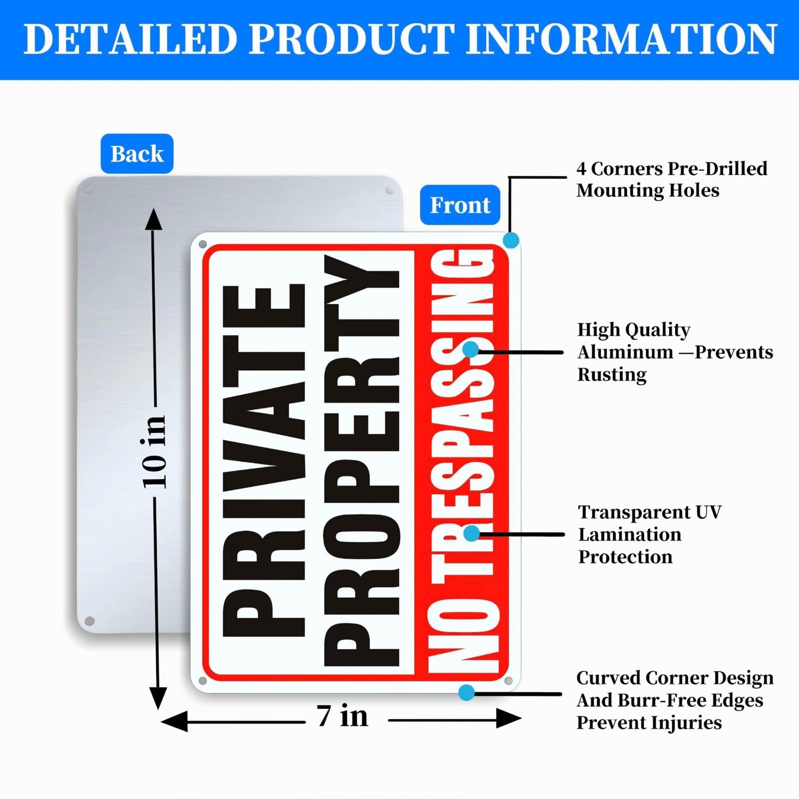 4 Pack No Trespassing Signs Private Property, 10 x 7 Inch Aluminum Signs