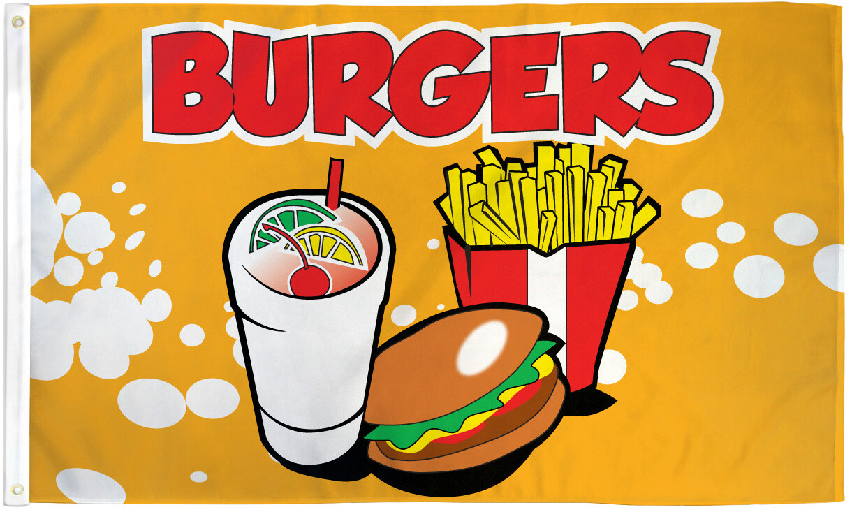 Burgers Flag 3x5ft Hamburgers Banner Bandera de Comida Food Concessions Flag