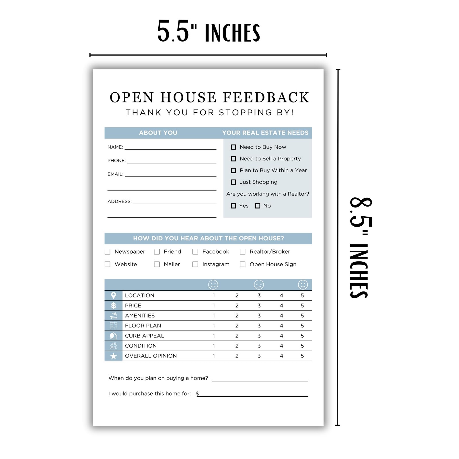 Realtor Open House Feedback Form Flyer Client Sign In Sheet 75 Pack