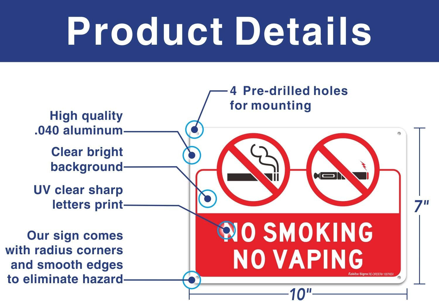2-Pack No Smoking No Vaping Sign, 10 x 7 Inches Rust Free .040 Aluminum, UV Prot