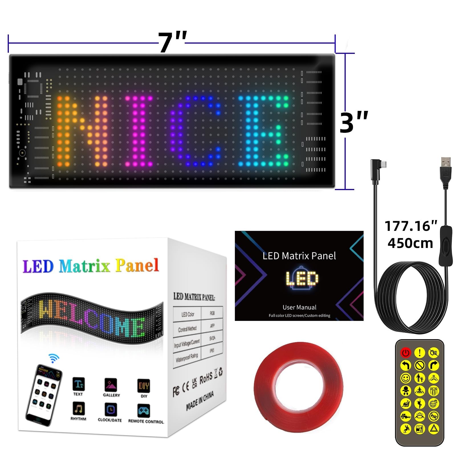 Customizable LED Car Sign – 7″x3″ Bluetooth Programmable Scrolling Display, USB
