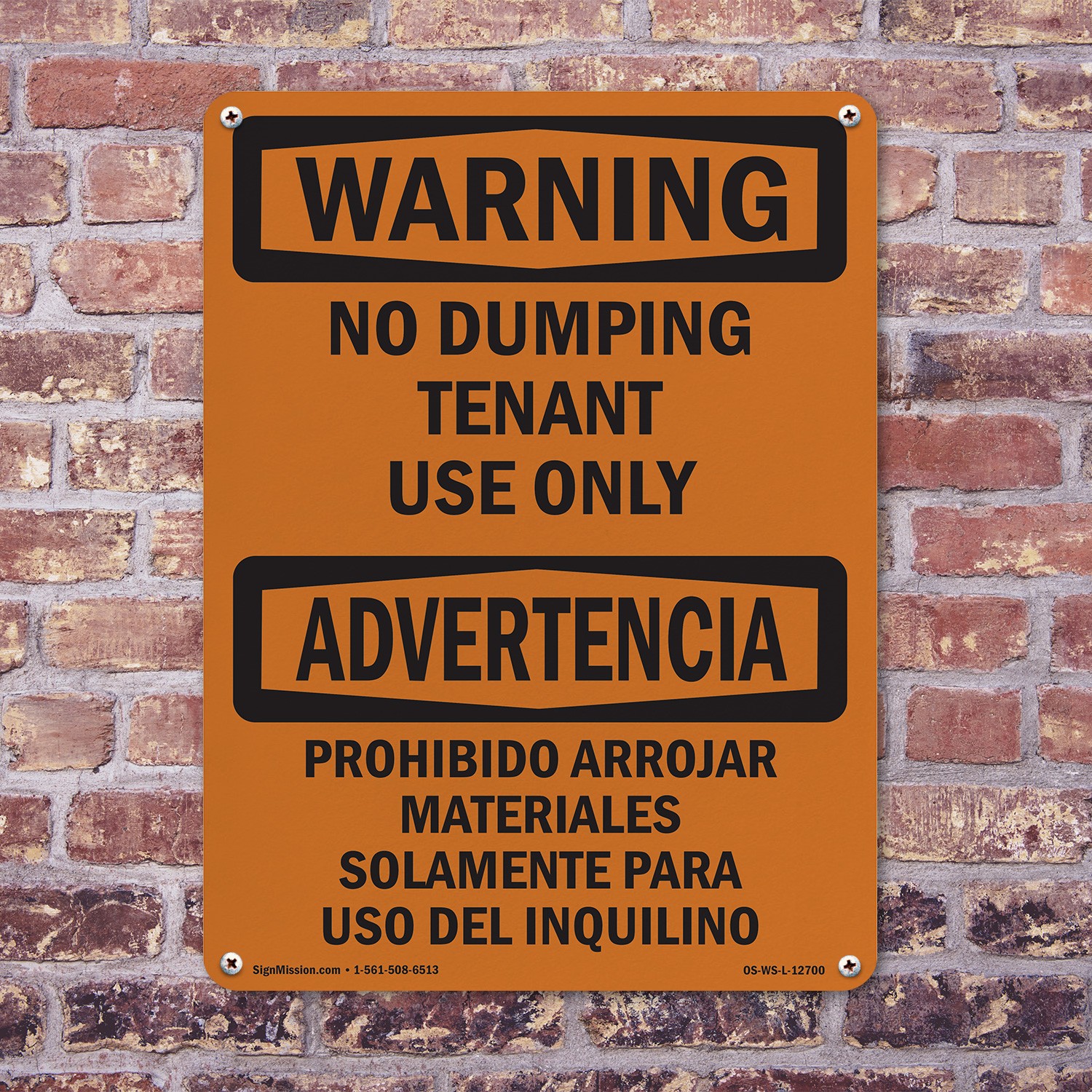 No Dumping Tenant Use Only Bilingual OSHA WARNING Sign Or Decal – 5 or 10 Pack
