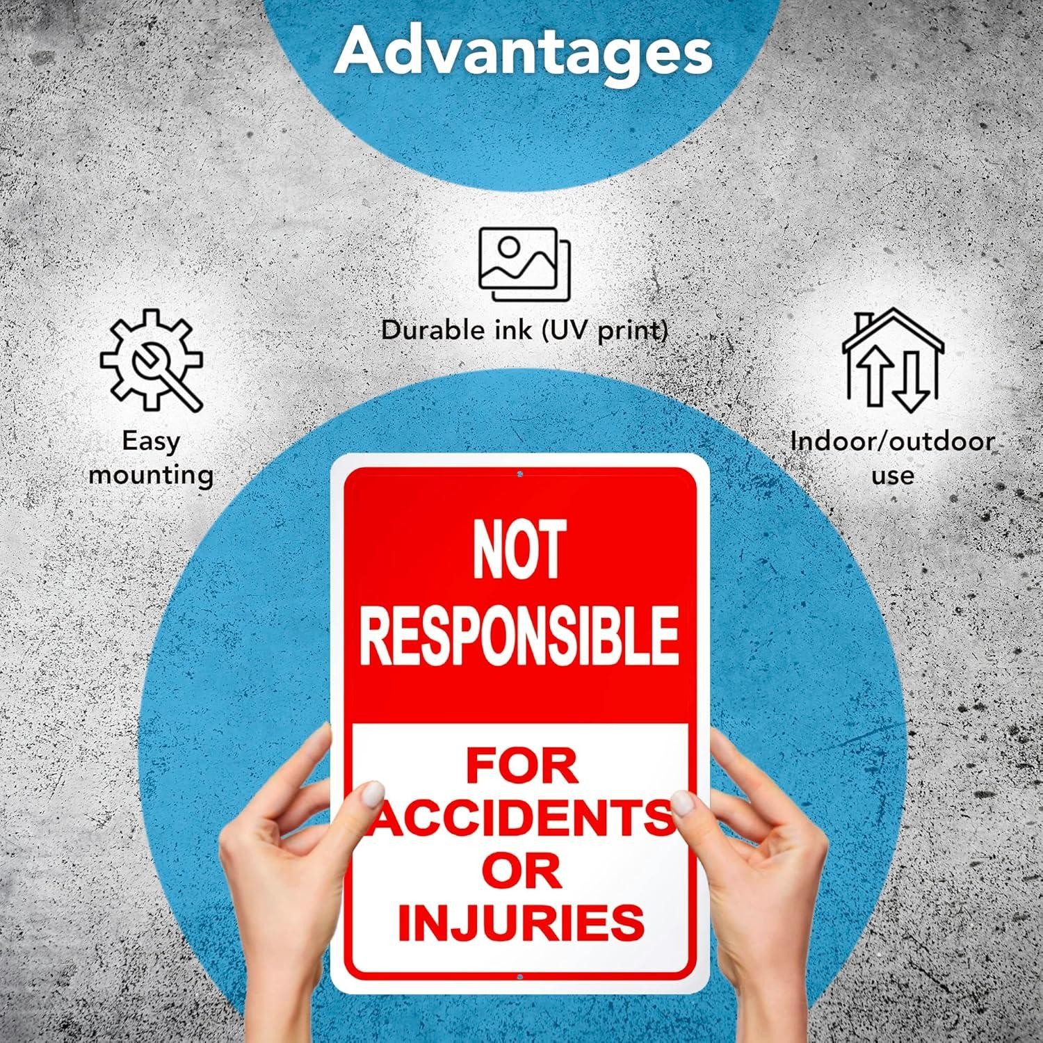2-pack Property Warning Sign: Not Responsible for Accidents or Injuries, 10″ X 7