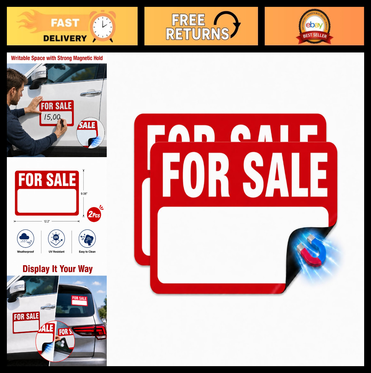 Magnetic Vehicle For Sale Signs – 2 Pack, 12.2″ x 9.06″, High Visibility, Reusab