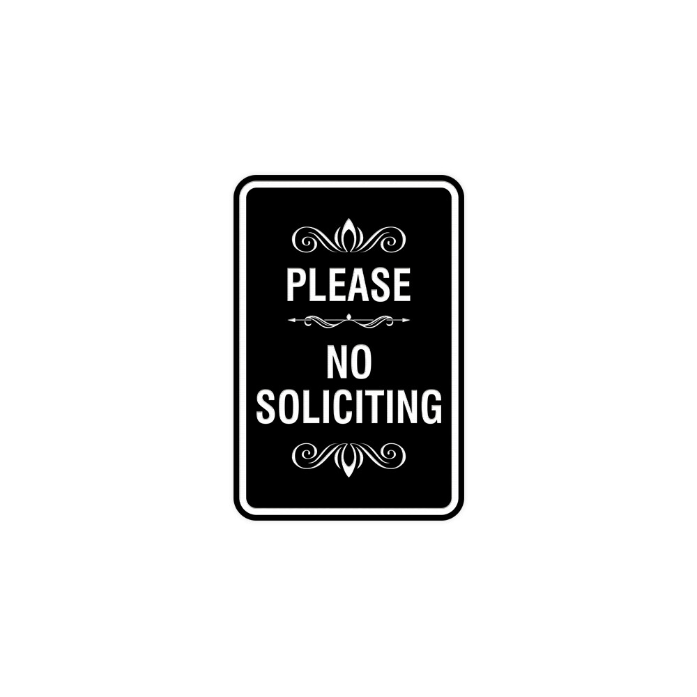Portrait Round please no soliciting Sign with Adhesive Tape (Black) – Small 4×6″
