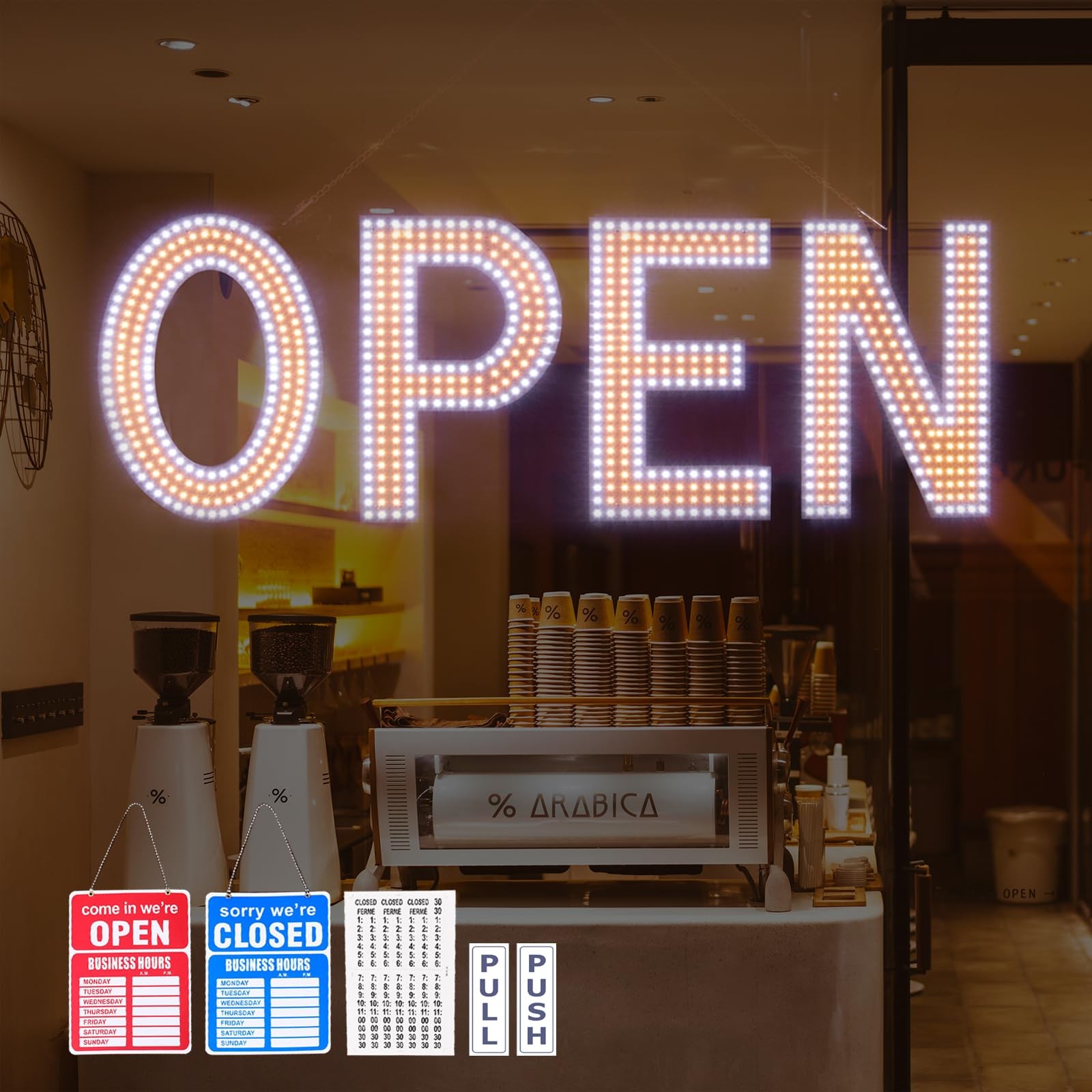Dimmable LED Open Sign 40″x14″ with Hanging for Cafe, Store, Bar, Salon, Hotel