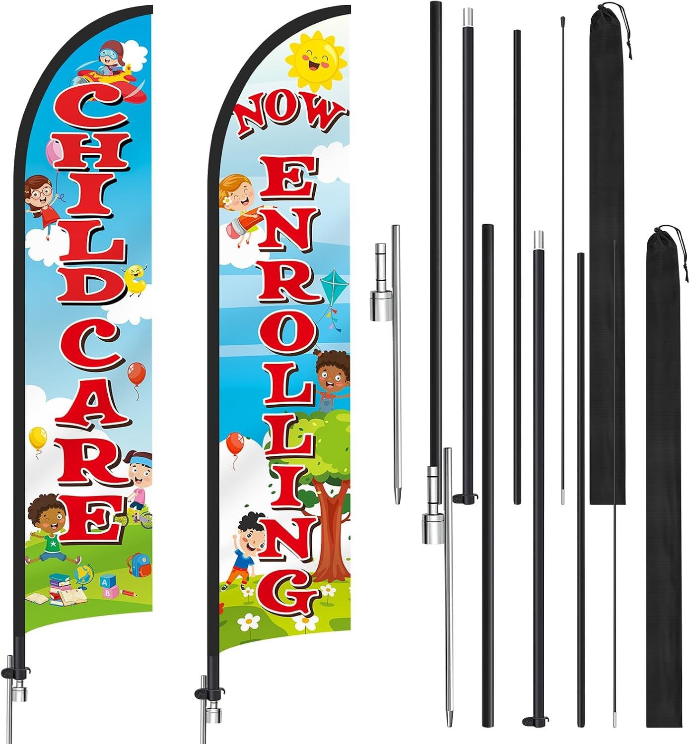 2 Pack 15ft x 2.5ft Now Enrolling Childcare Feather Flag Set Swooper Flag