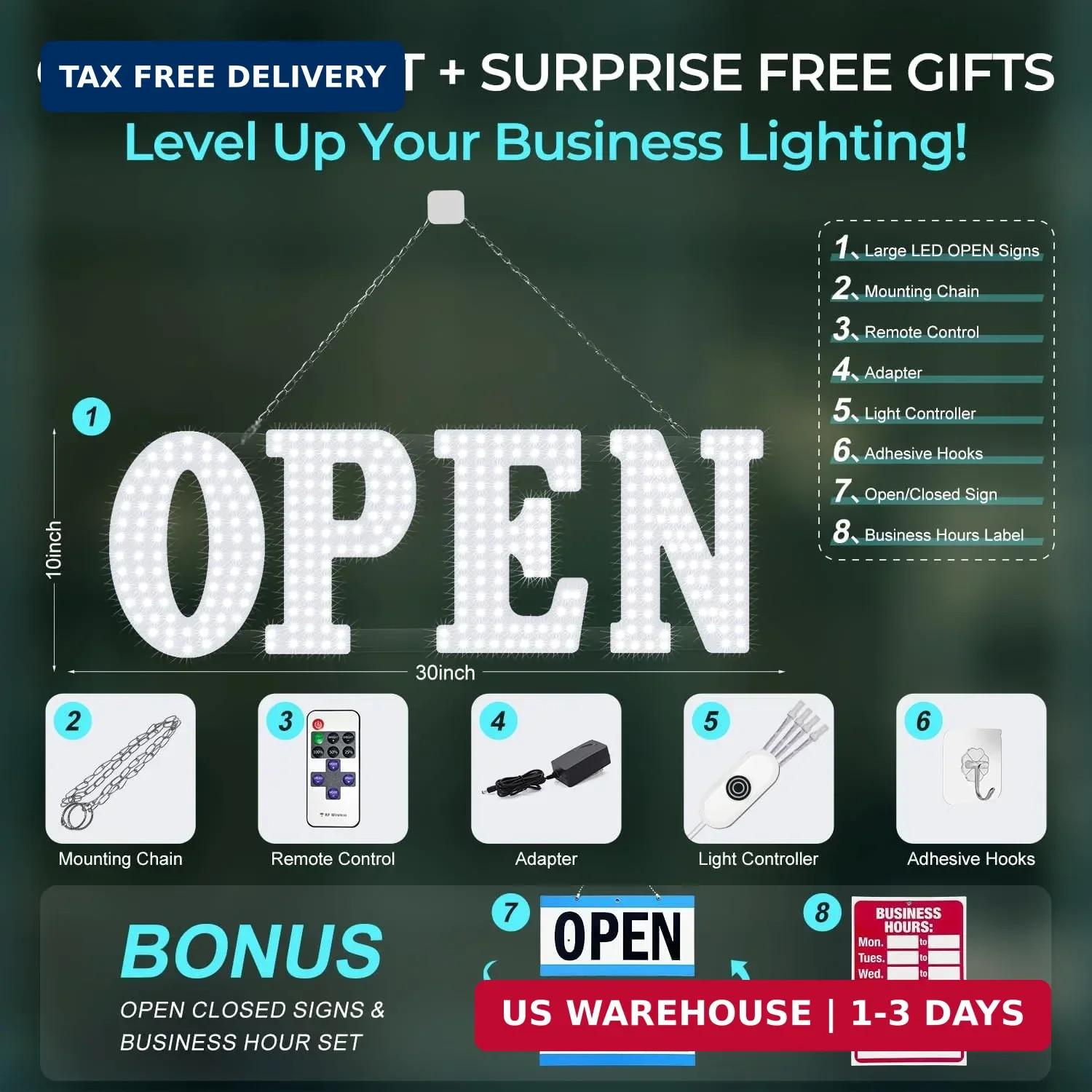 LED Open Signs for Business, 30” x 10″ Large Bright Flashing Open Sign with Rem