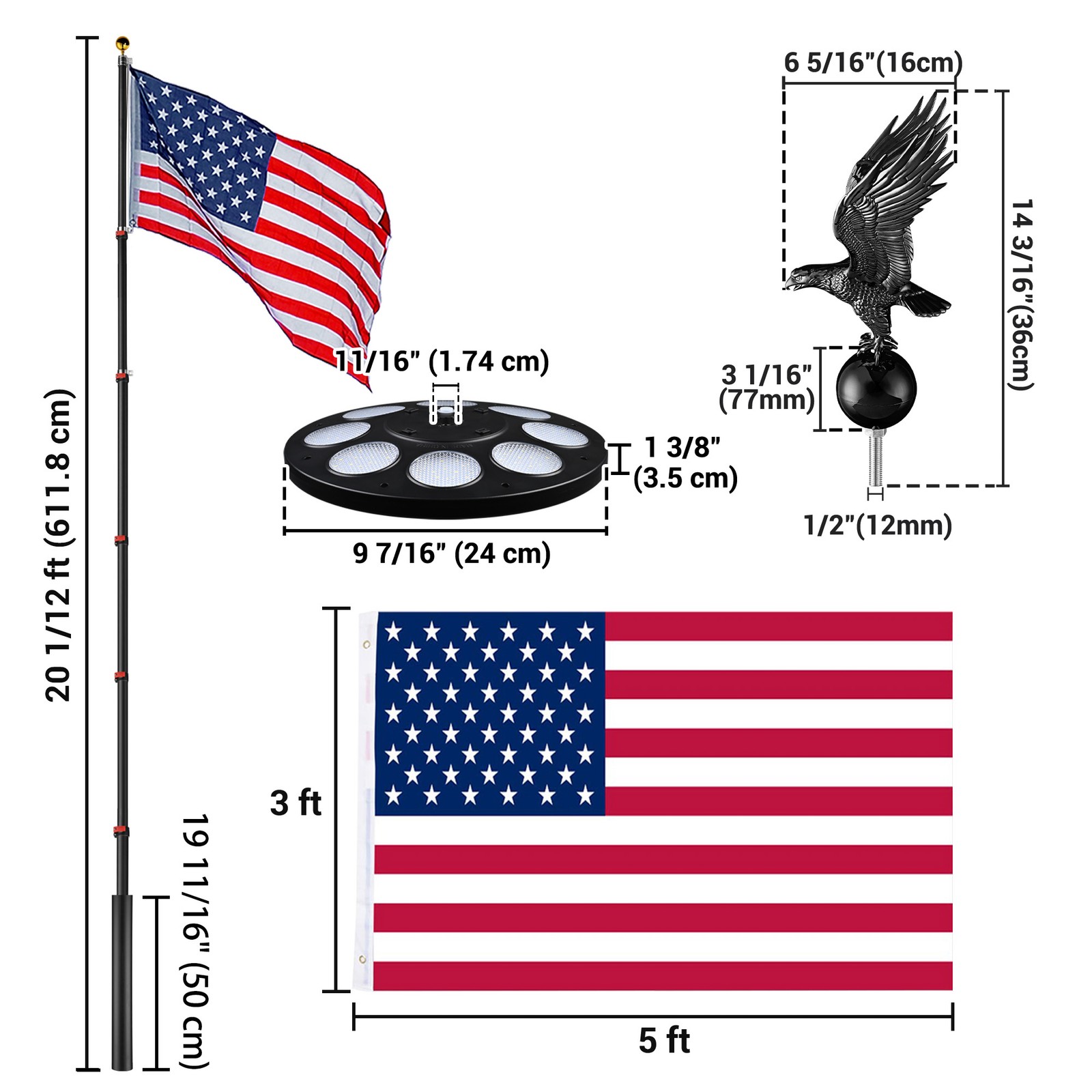 Yescom EZ GO 20′ Telescopic Flag Pole Kit Solar Light US Flag Eagle Topper Black